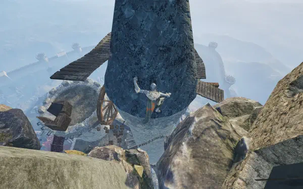 A high-definition desktop wallpaper from the video game Only Up: Lizards Must Fall, showcasing a stunning rocky landscape with a character navigating a towering structure.