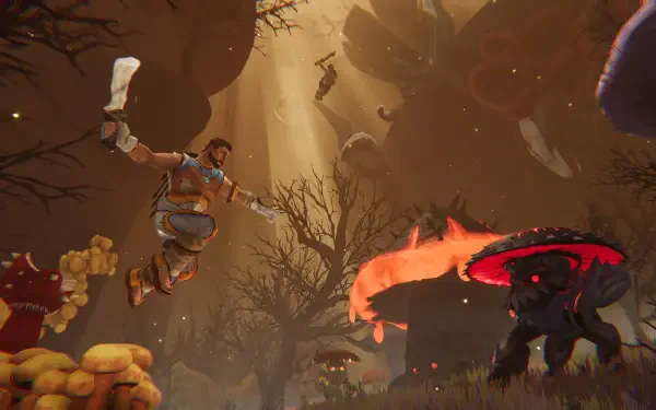 A vibrant 4K Ultra HD wallpaper from the video game Aloft, featuring a character leaping through a mystical landscape with glowing mushrooms and mysterious creatures.