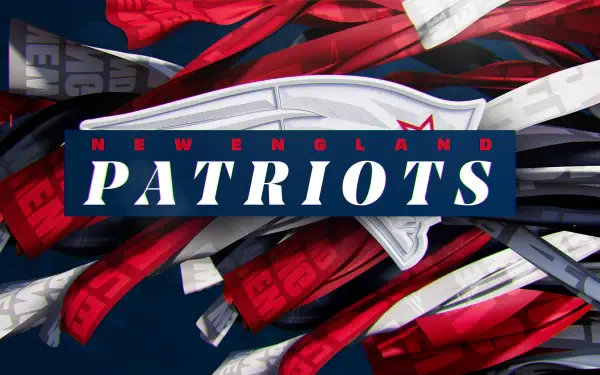4K Ultra HD wallpaper featuring the New England Patriots logo, set against a dynamic background of red and navy strips, showcasing NFL team pride.