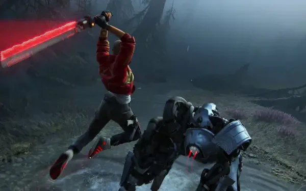 A dynamic scene from the video game Intergalactic: The Heretic Prophet, featuring a character wielding a red lightsaber while battling a robotic enemy in a misty setting.