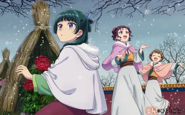 HD anime desktop wallpaper featuring Maomao and Xiaolan from The Apothecary Diaries in a snowy garden setting, showcasing detailed character art and vibrant colors.