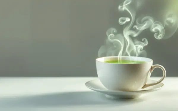A steaming cup of green tea sits on a saucer, releasing wisps of fragrant steam. The image is a stunning 4K Ultra HD wallpaper, emphasizing tranquility and warmth.