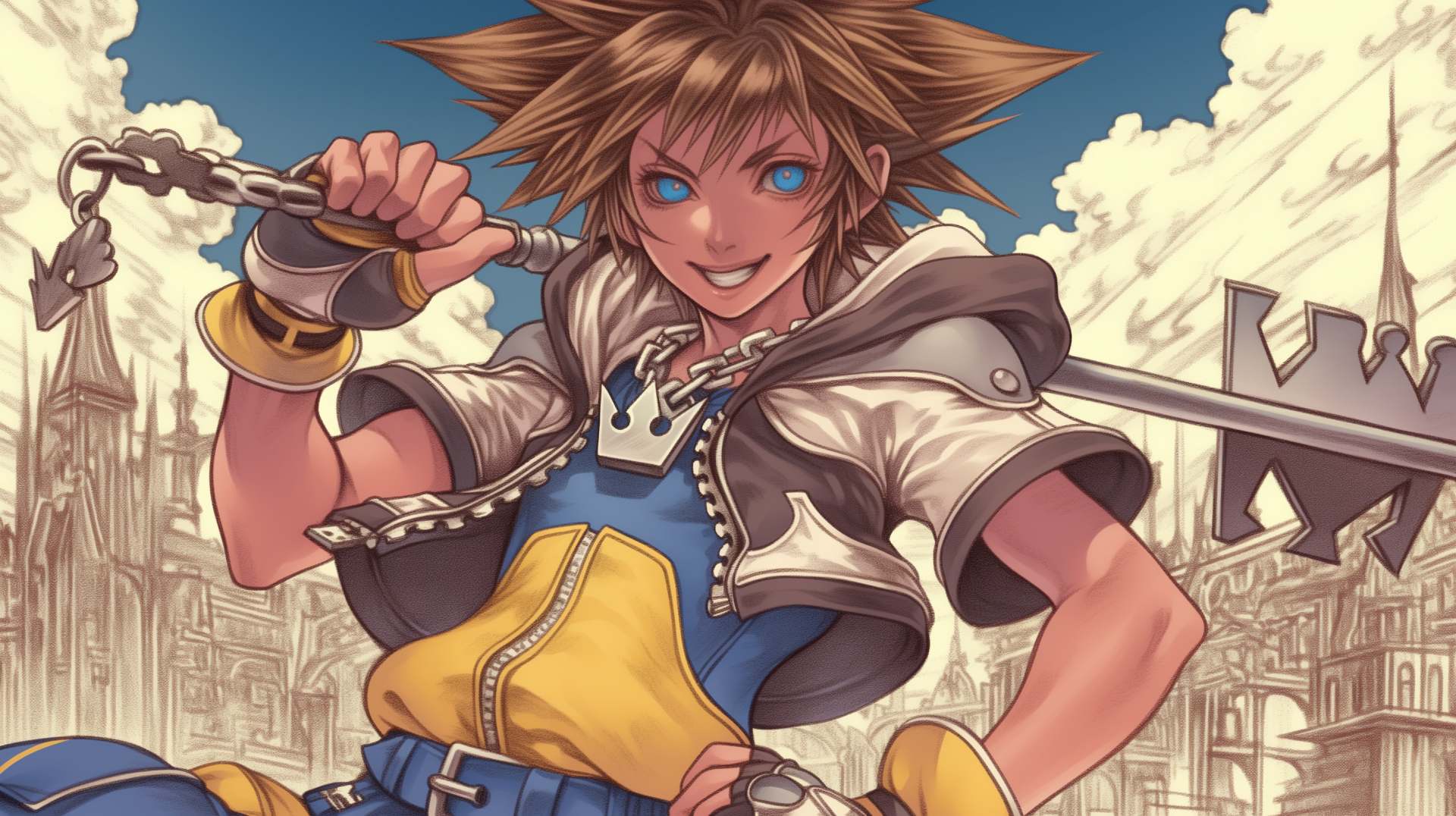 A vibrant HD wallpaper featuring Sora from Kingdom Hearts, showcasing his playful expression and iconic keyblade against a sky and architectural backdrop.