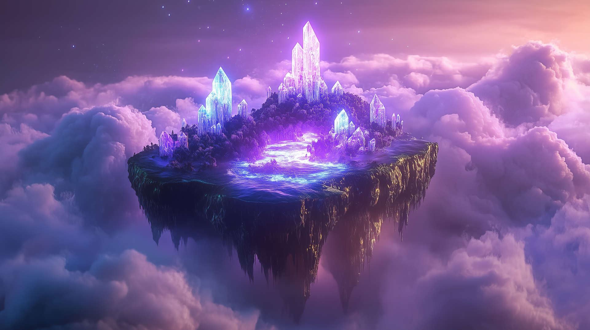 An enchanting floating island rests among purple clouds, adorned with shimmering crystals, creating a mesmerizing HD desktop wallpaper and background.
