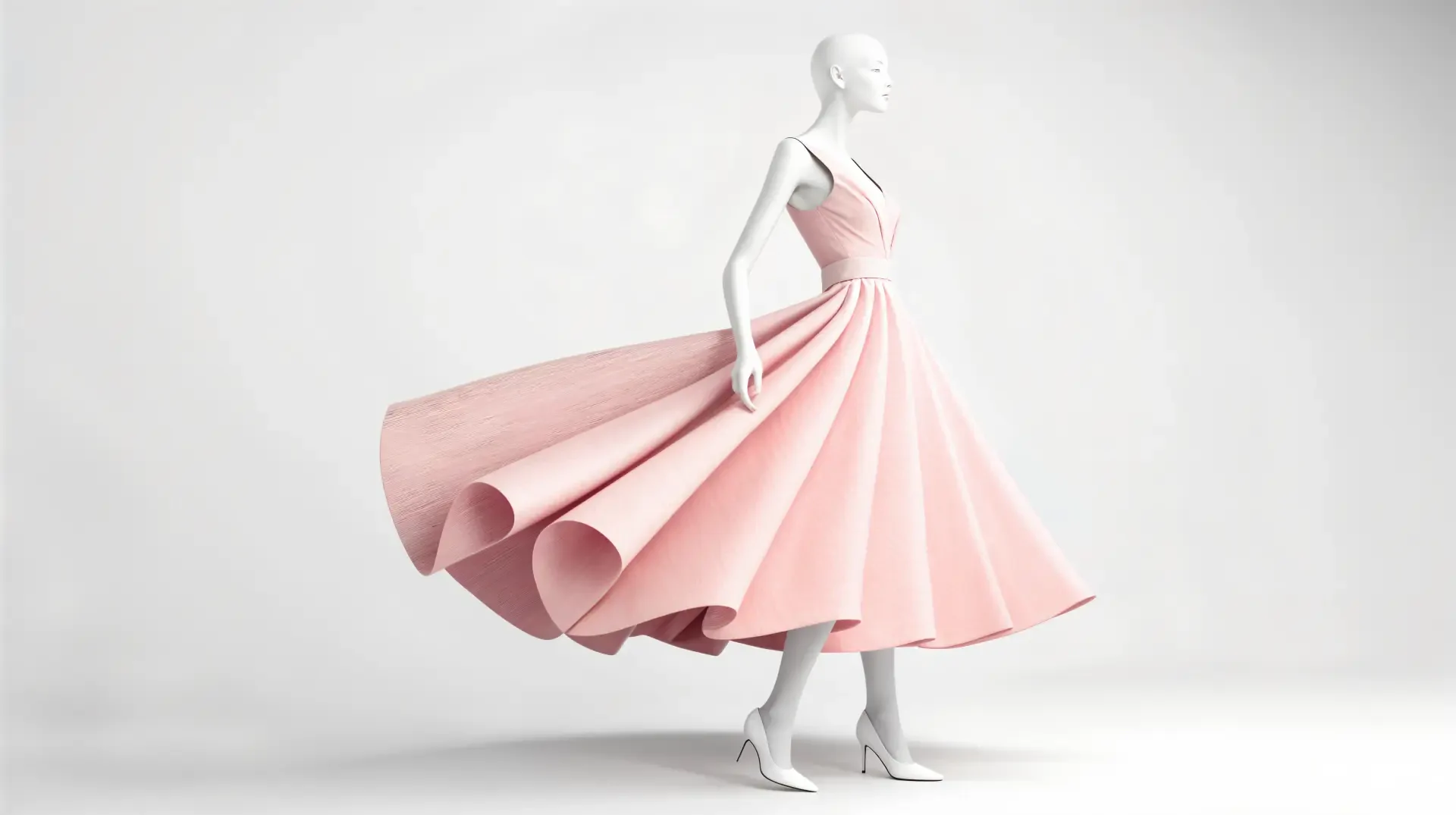 A stylish mannequin showcases a flowing pink dress, captured in stunning detail for a 4K Ultra HD PC desktop wallpaper and background.