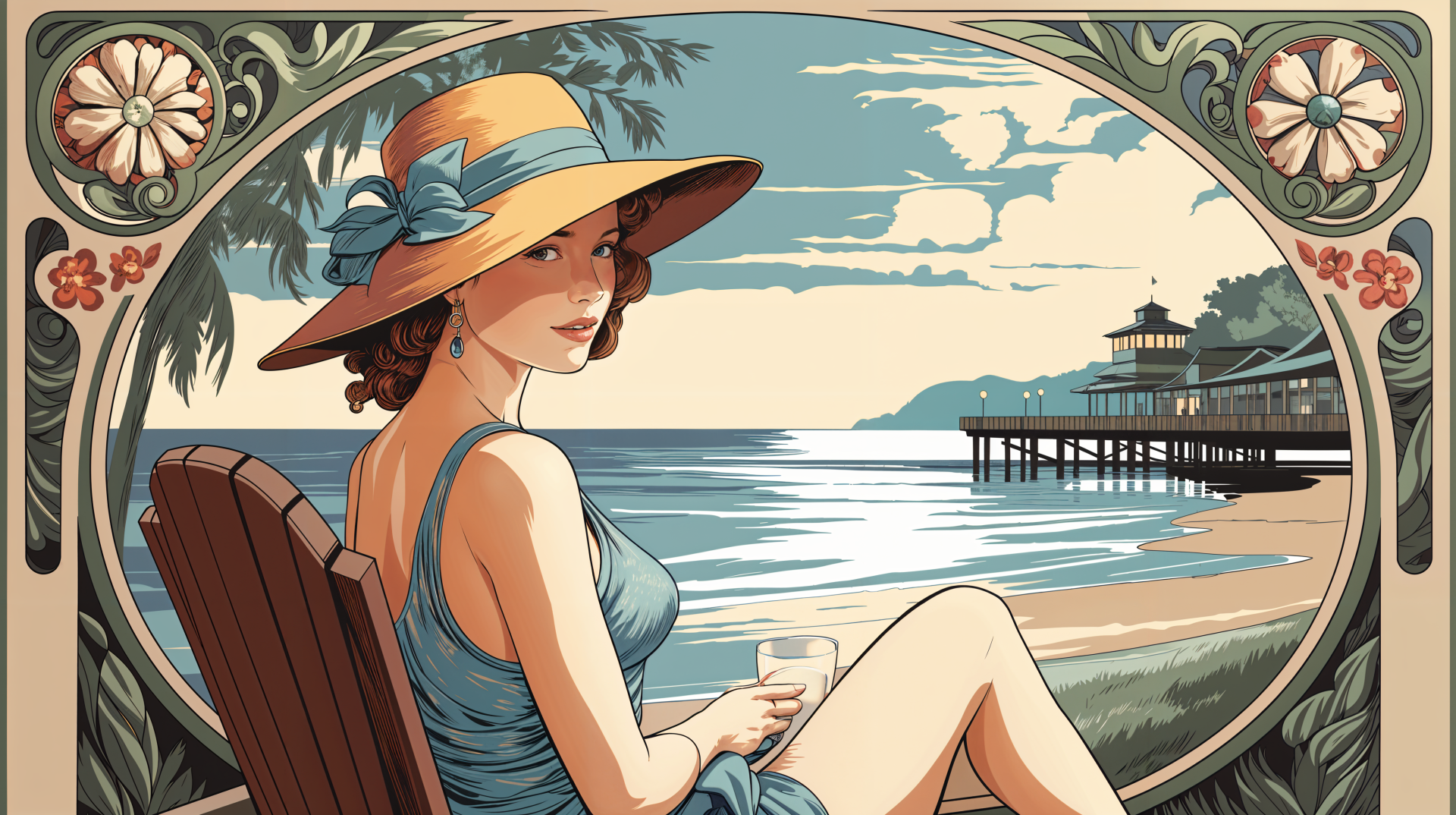 A stylish woman in a wide-brimmed hat relaxes by the beach, holding a drink, with a picturesque pier and sunset in the background. This vibrant image captures the essence of summer vacation.