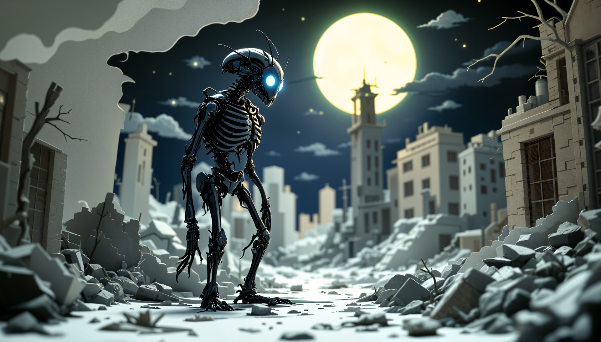 A futuristic skeletal figure stands amidst a desolate urban landscape under a large moon, embodying the bugcore aesthetic in this striking 4K Ultra HD wallpaper.