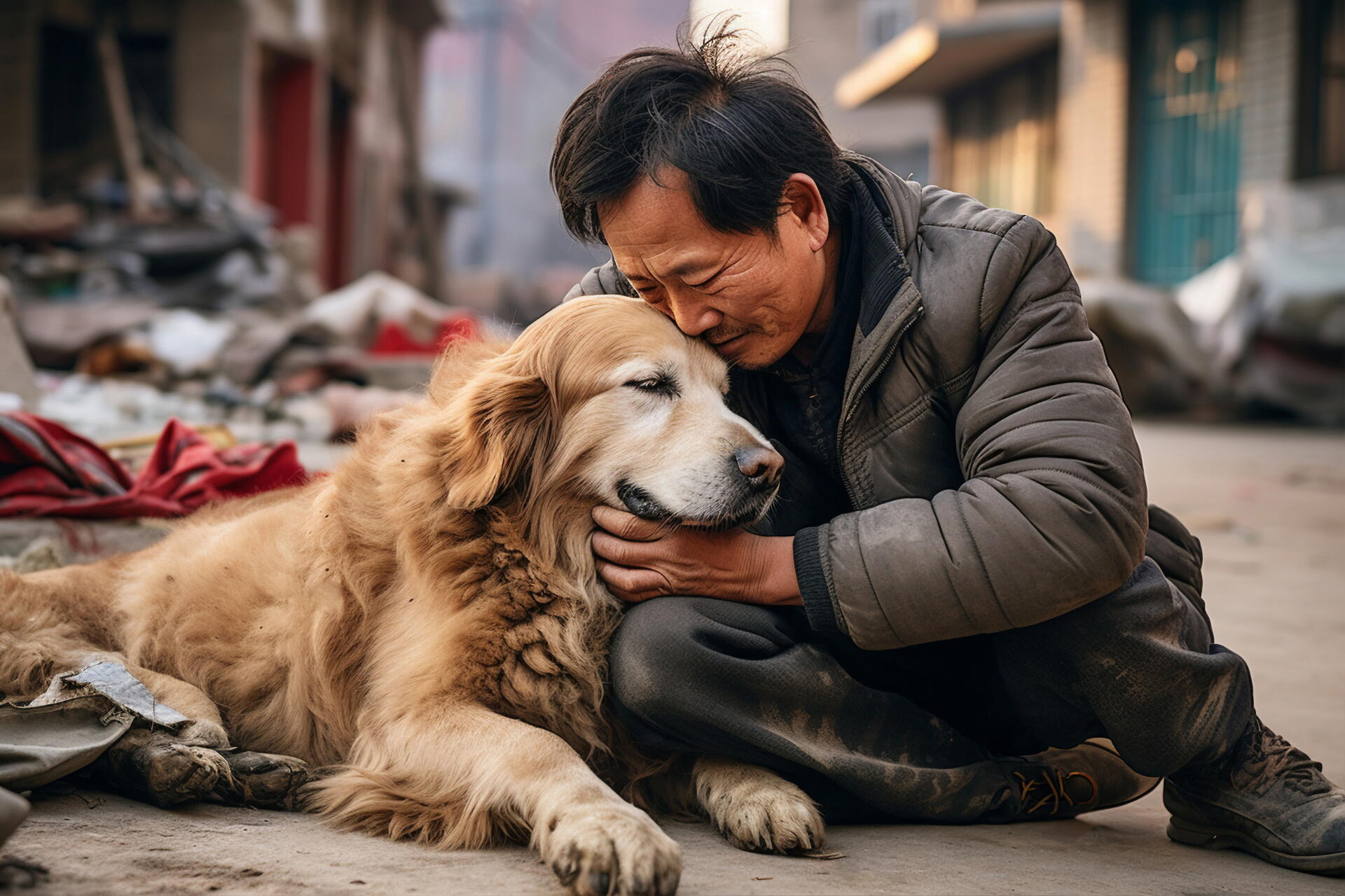 8K Ultra HD AI art depicting a heartfelt moment between a man and his golden retriever dog in an outdoor setting, captured with vivid detail and warmth.