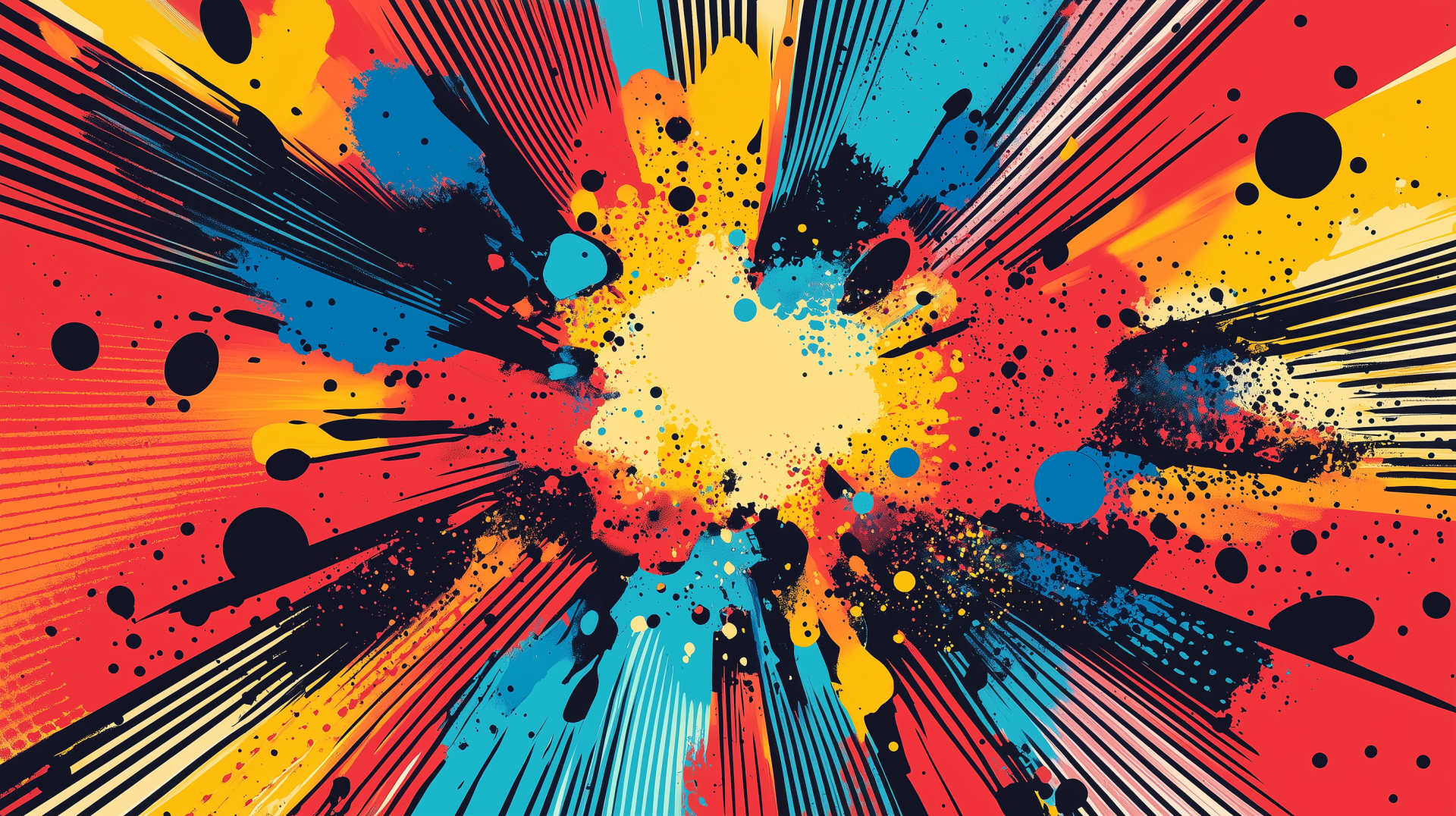 A vibrant pop art explosion in bold colors and dynamic lines, creating an energetic comic-inspired design. This HD wallpaper adds a striking visual impact to any desktop background.