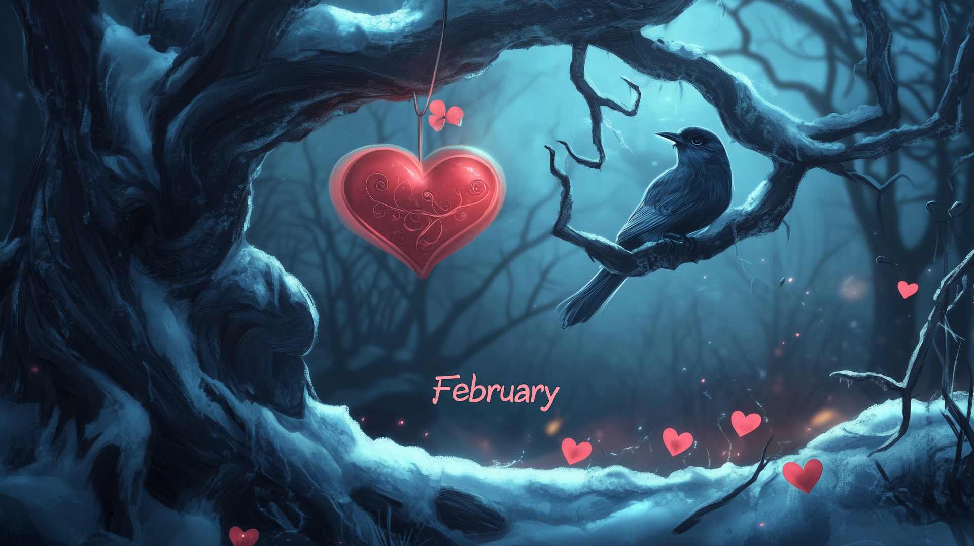 A serene winter scene featuring a tree with a heart ornament and a bird, embodying love and Valentine's Day, with February elegantly integrated into the design.