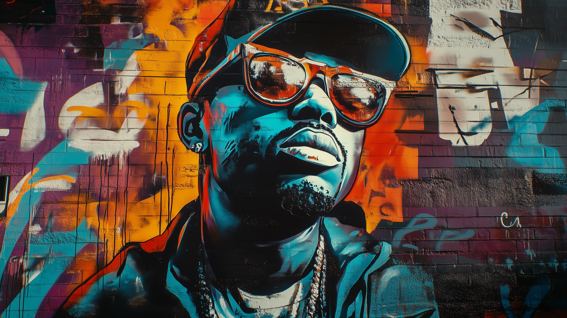 Vibrant graffiti mural featuring a person wearing sunglasses and a cap, accentuated by bold colors and dynamic patterns, making for an engaging HD PC desktop wallpaper and background.