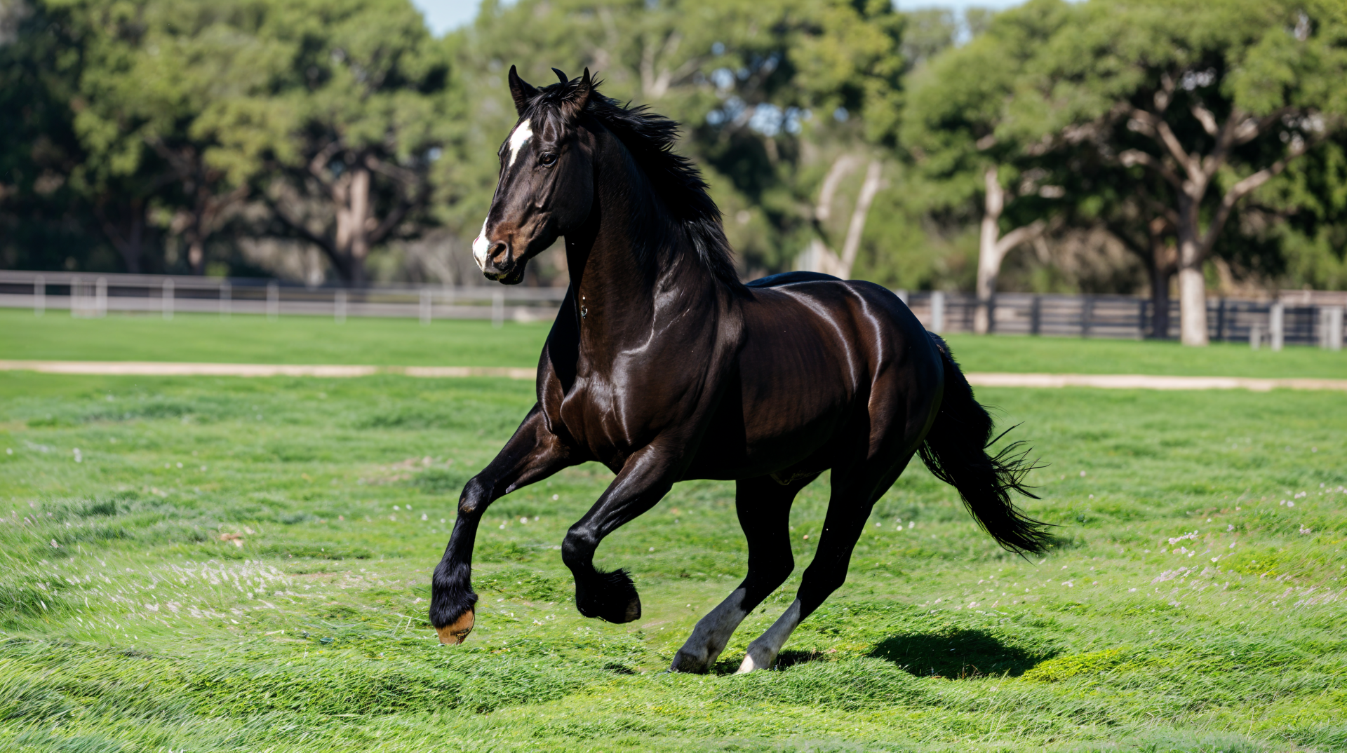 A stunning black stallion gallops gracefully across a lush green field, captured in vibrant detail, making for an impressive 4K Ultra HD desktop wallpaper and background.