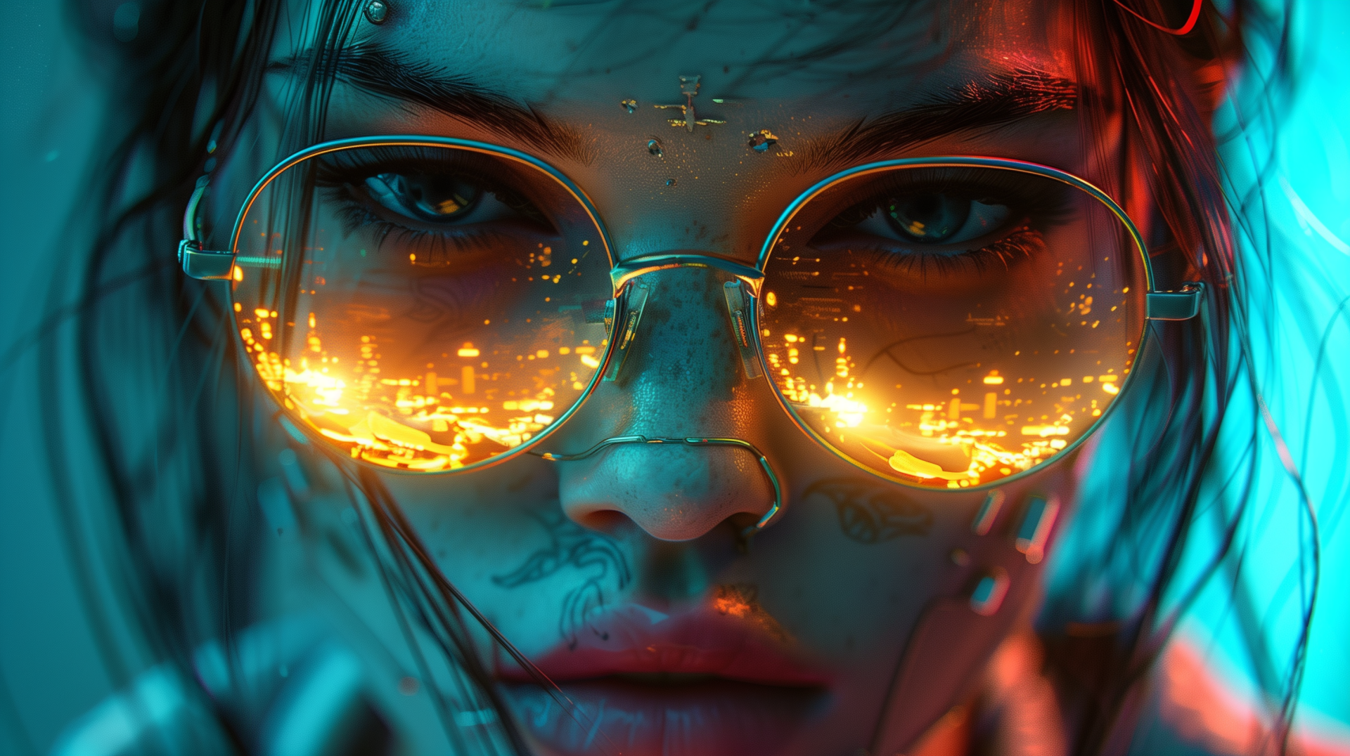 A cyberpunk girl wearing glasses with vibrant, reflective lenses capturing a cityscape. The image features striking colors and intricate details, designed as a high-definition desktop wallpaper.