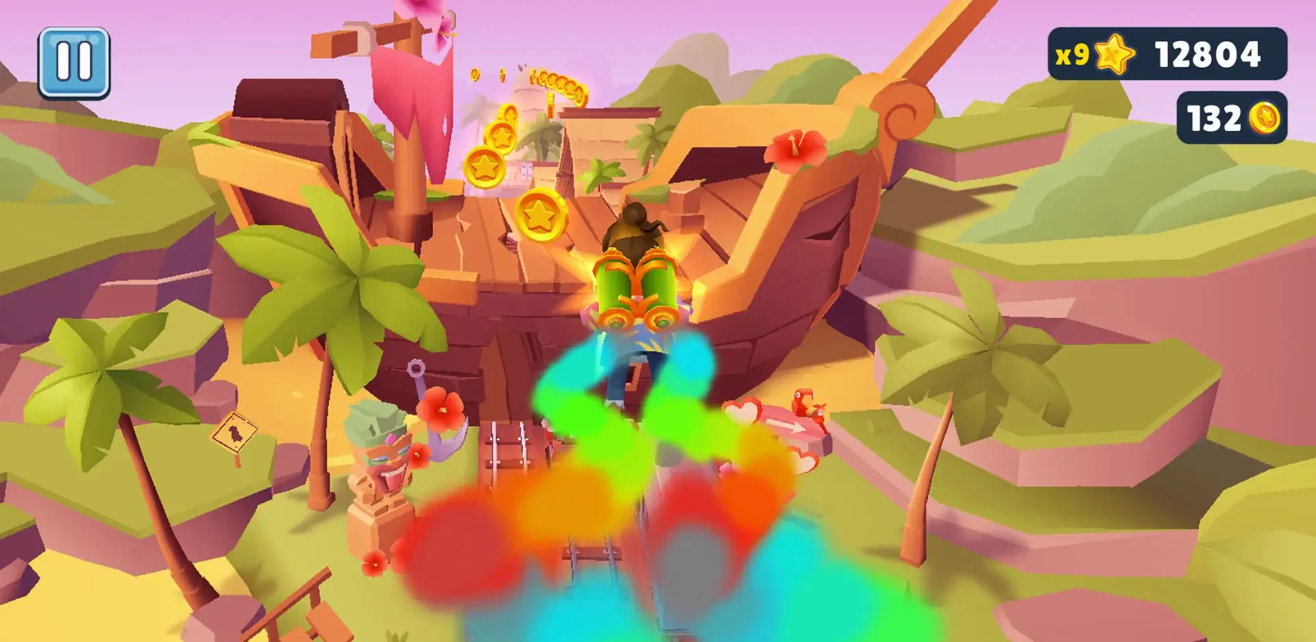 Colorful HD wallpaper featuring an action scene from the video game Subway Surfers, showcasing a vibrant environment with characters and flying coins.