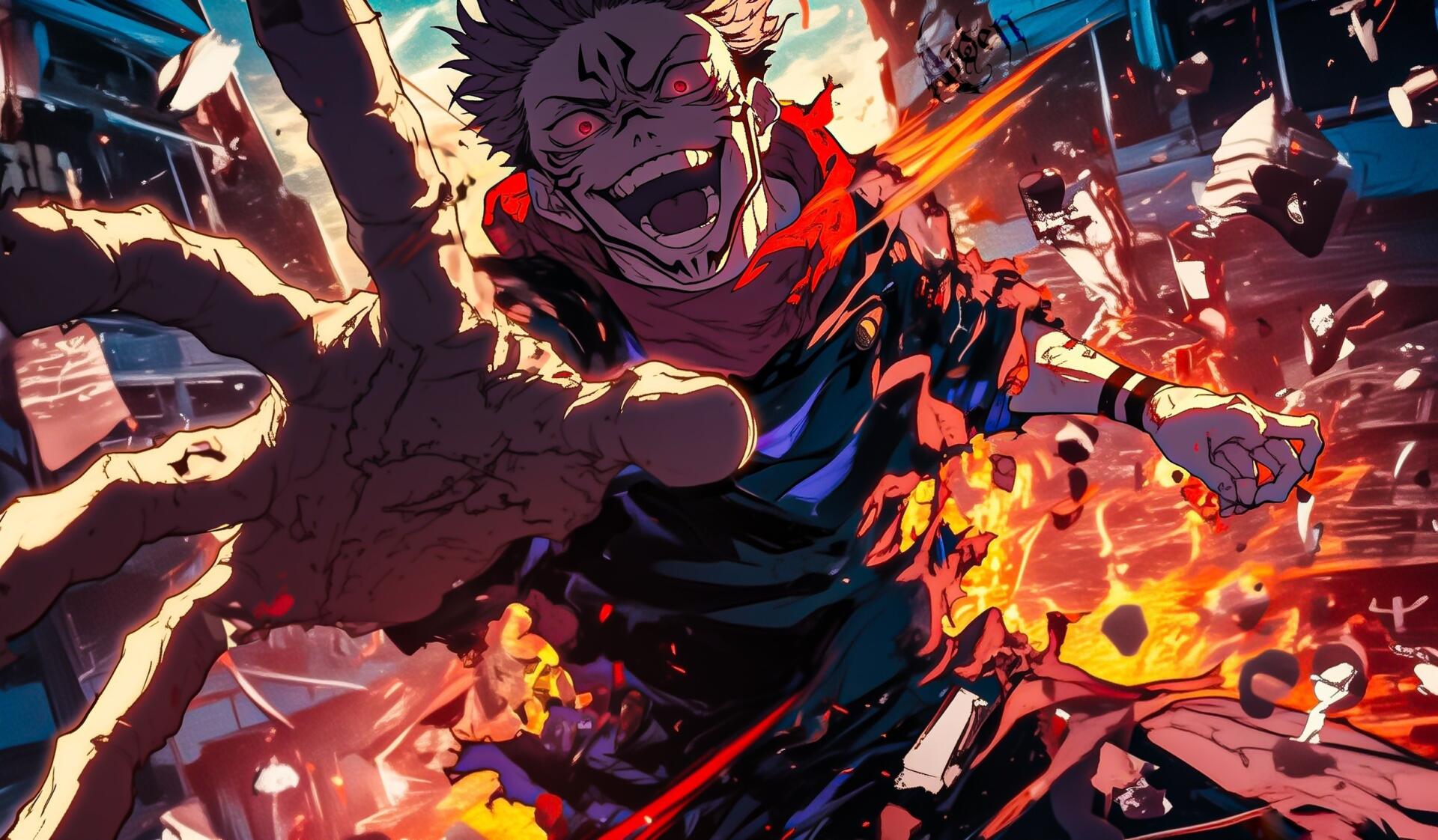 Dynamic HD PC desktop wallpaper featuring intense action scene from Jujutsu Kaisen with a fierce character reaching forward amidst fiery chaos.