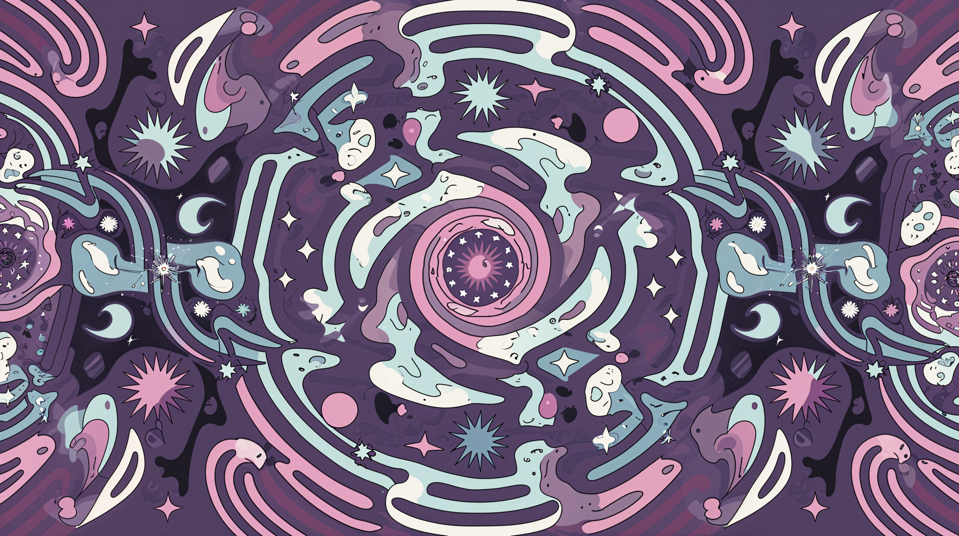 A vibrant trippy pattern featuring swirling shapes and cosmic elements, designed as a stunning 4K Ultra HD PC desktop wallpaper and background.