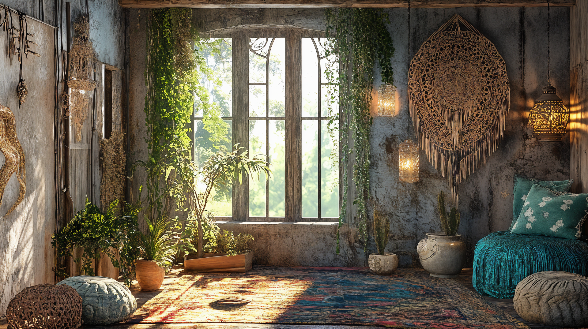Bohemian interior design with rich natural light flooding a cozy room adorned with lush plants, woven wall decor, and vibrant textiles in 4K Ultra HD.