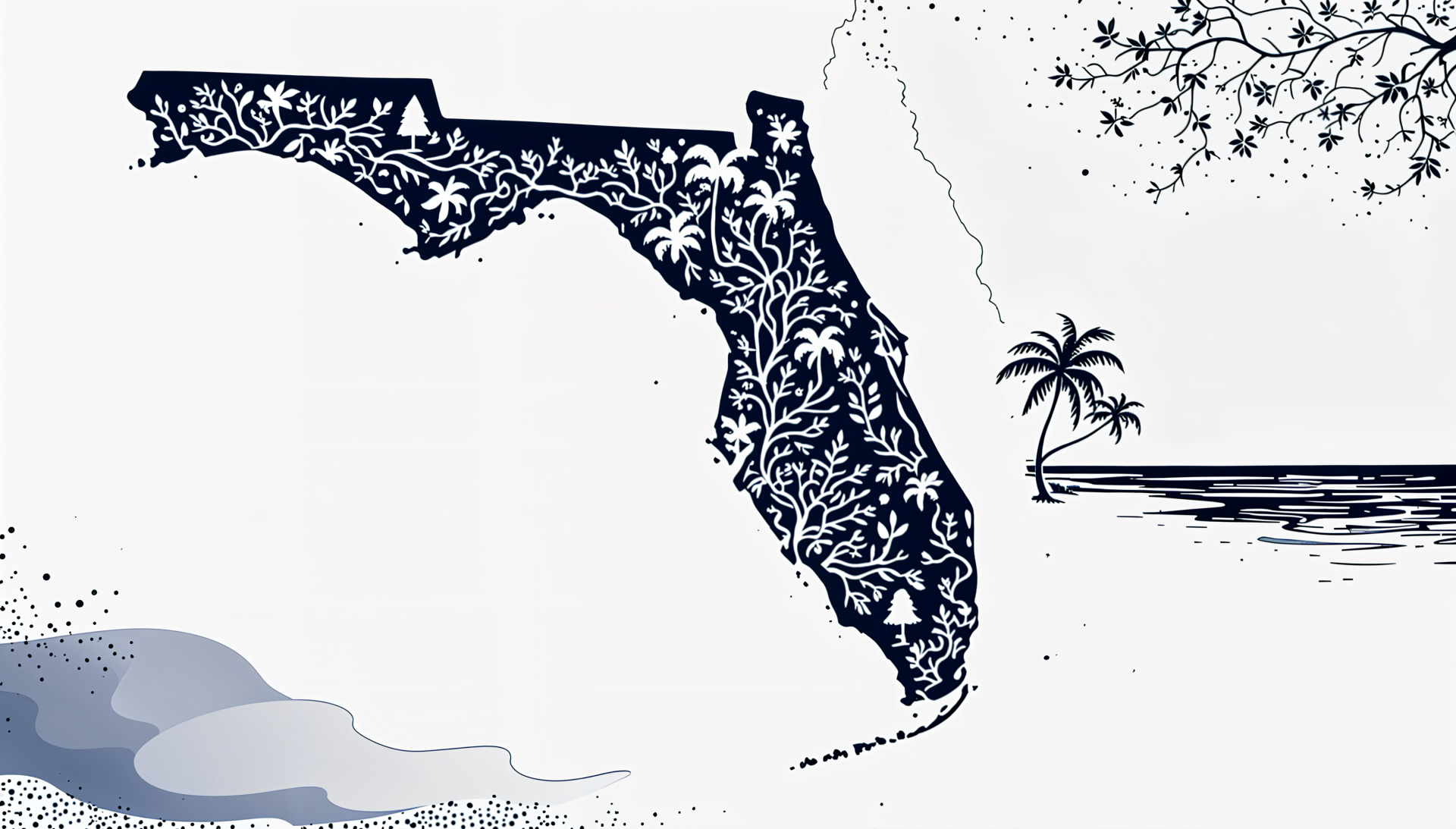 A decorative illustration of Florida, featuring intricate foliage patterns and a serene beach scene, designed as a vibrant 4K Ultra HD desktop wallpaper.