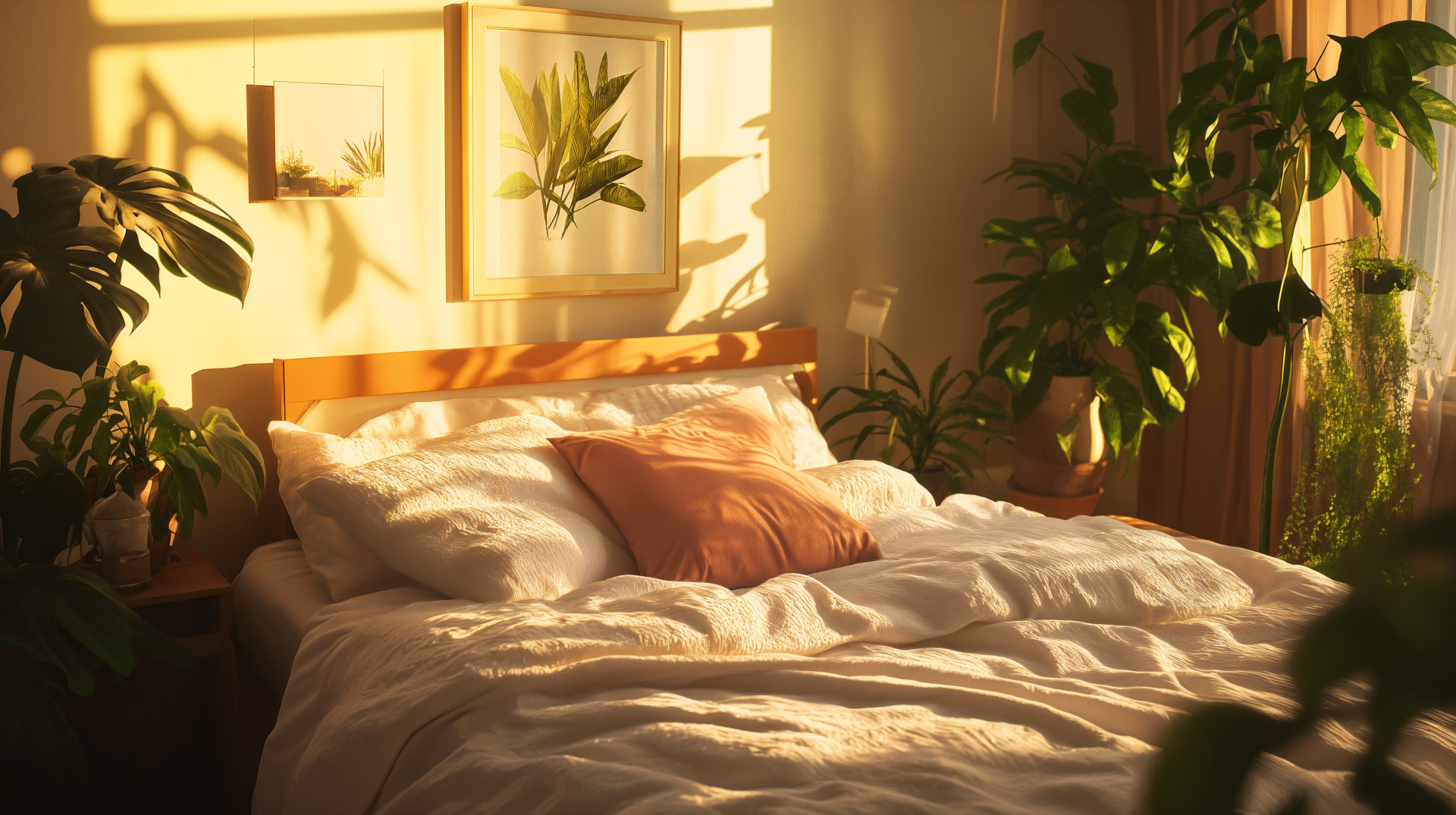 A cozy bedroom scene with soft bedding and a warm, inviting atmosphere, illuminated by sunlight filtering through plants and walls adorned with botanical art. 4K Ultra HD wallpaper.