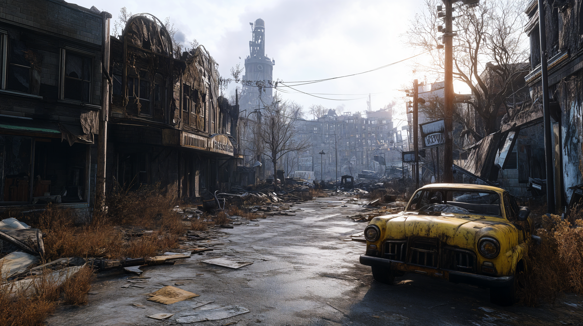 A vivid depiction of a post-apocalyptic city, featuring crumbling buildings, debris-strewn streets, and an abandoned yellow car, perfect for a 4K Ultra HD desktop wallpaper.