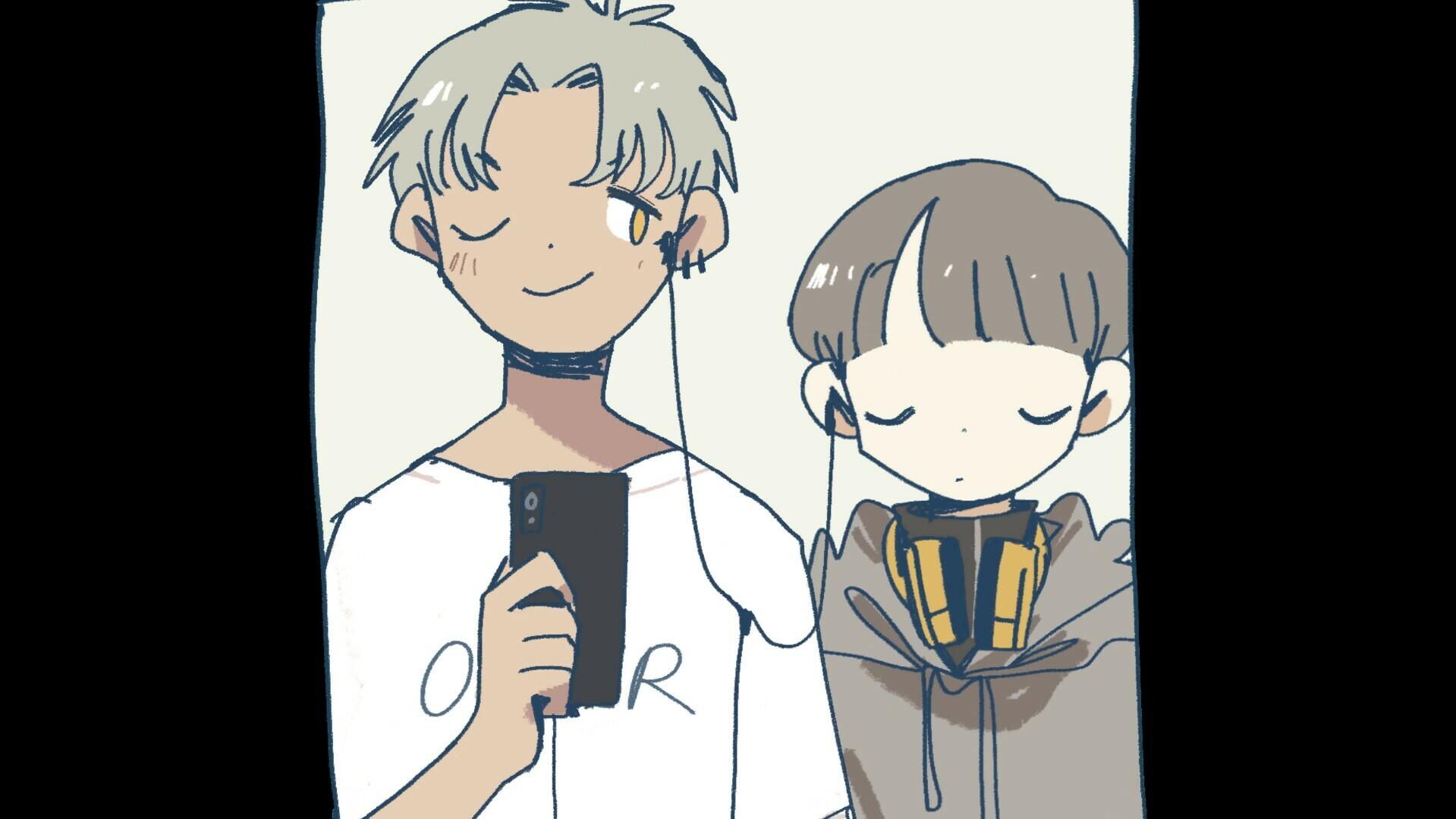 Two characters with casual styles share a moment, one holding a phone while listening to music. This HD wallpaper features themes from the video game Afterlove EP.