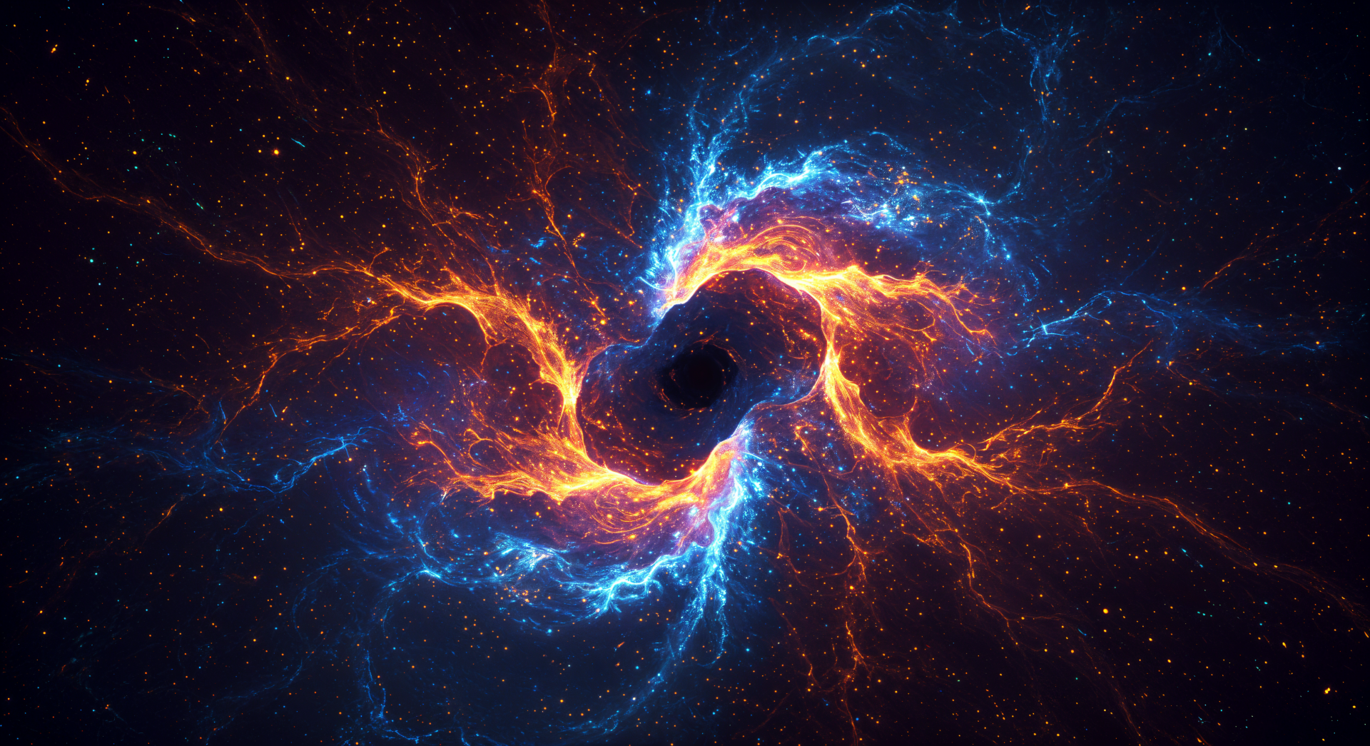 A vibrant cosmic swirl of blue and orange energy against a dark starry background, creating a stunning 4K Ultra HD PC desktop wallpaper.