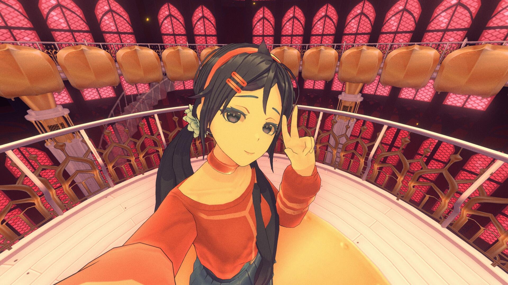 A vibrant HD PC desktop wallpaper featuring a character from the video game MiSide, posing playfully with a peace sign against a backdrop of colorful, semi-transparent windows.