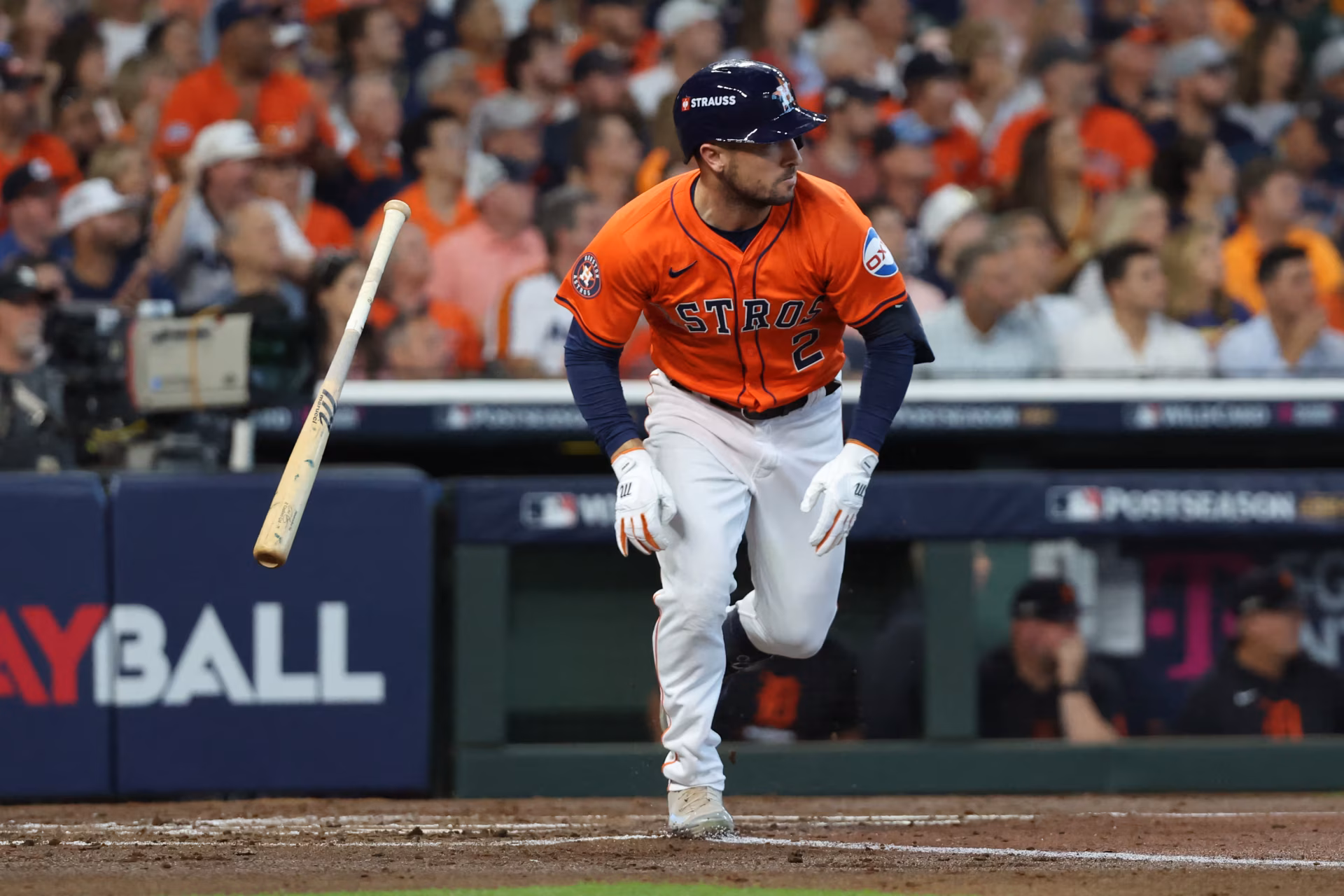 Alex Bregman of the Houston Astros runs the bases after hitting a ball in a dynamic MLB game, captured in vibrant detail for a striking desktop wallpaper.
