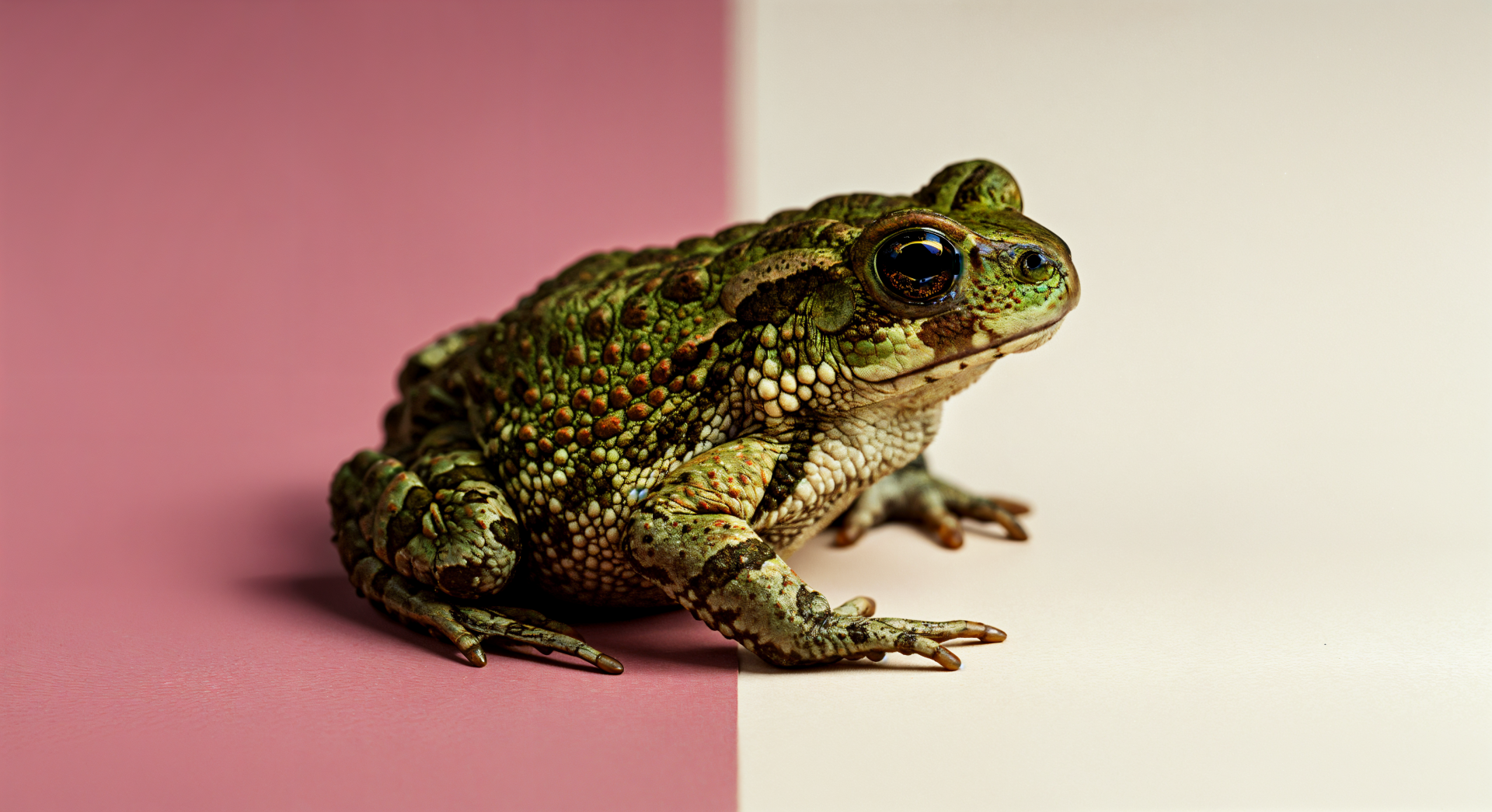 Close-up of a green toad amphibian against a pink and white background, captured in 4K Ultra HD for a vivid wildlife desktop wallpaper.