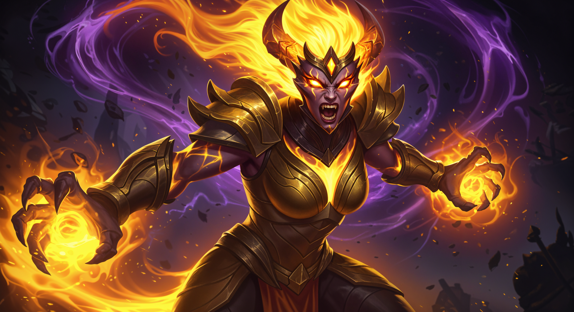 A fierce, armored warrior with fiery hair and glowing eyes conjures flames against a dark, swirling background. This striking image serves as a stunning 4K Ultra HD desktop wallpaper.