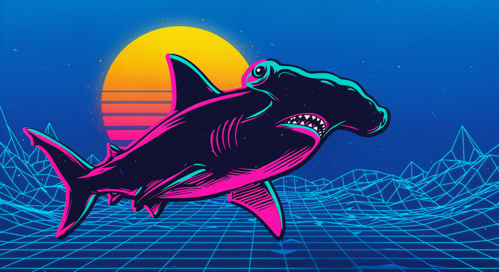 A vibrant illustration of a hammerhead shark swims against a retro-styled sunset and geometric background, showcasing a dynamic 4K Ultra HD design for desktop wallpaper.