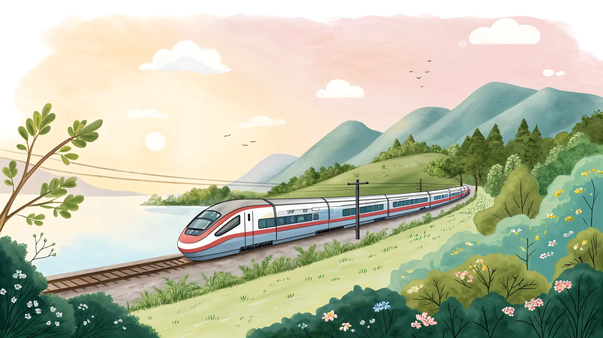 A vibrant 4K Ultra HD wallpaper featuring a bullet train traveling along scenic tracks by a serene lake, framed by mountains and colorful flora under a pastel sky.