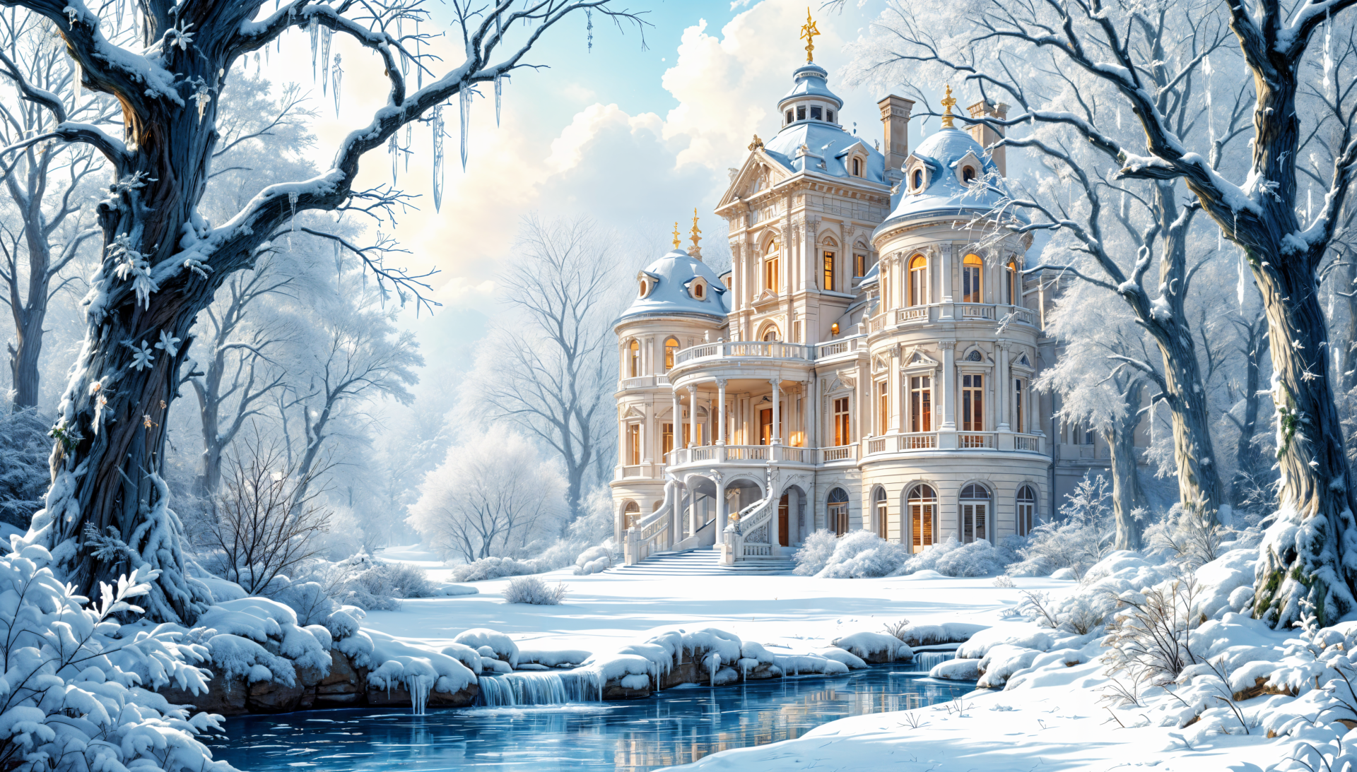 A stunning 4K Ultra HD desktop wallpaper featuring a grand snowy mansion surrounded by frosted trees and a serene river, capturing a tranquil winter landscape.