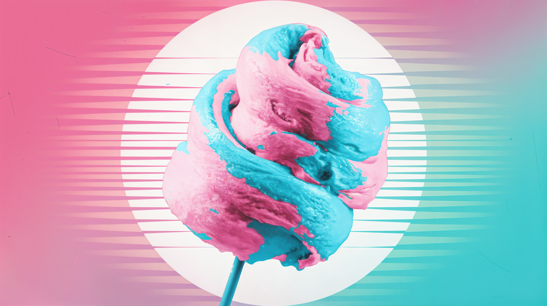 A vibrant cotton candy swirl in pink and blue against a retro-inspired background, making it an eye-catching 4K Ultra HD PC desktop wallpaper.