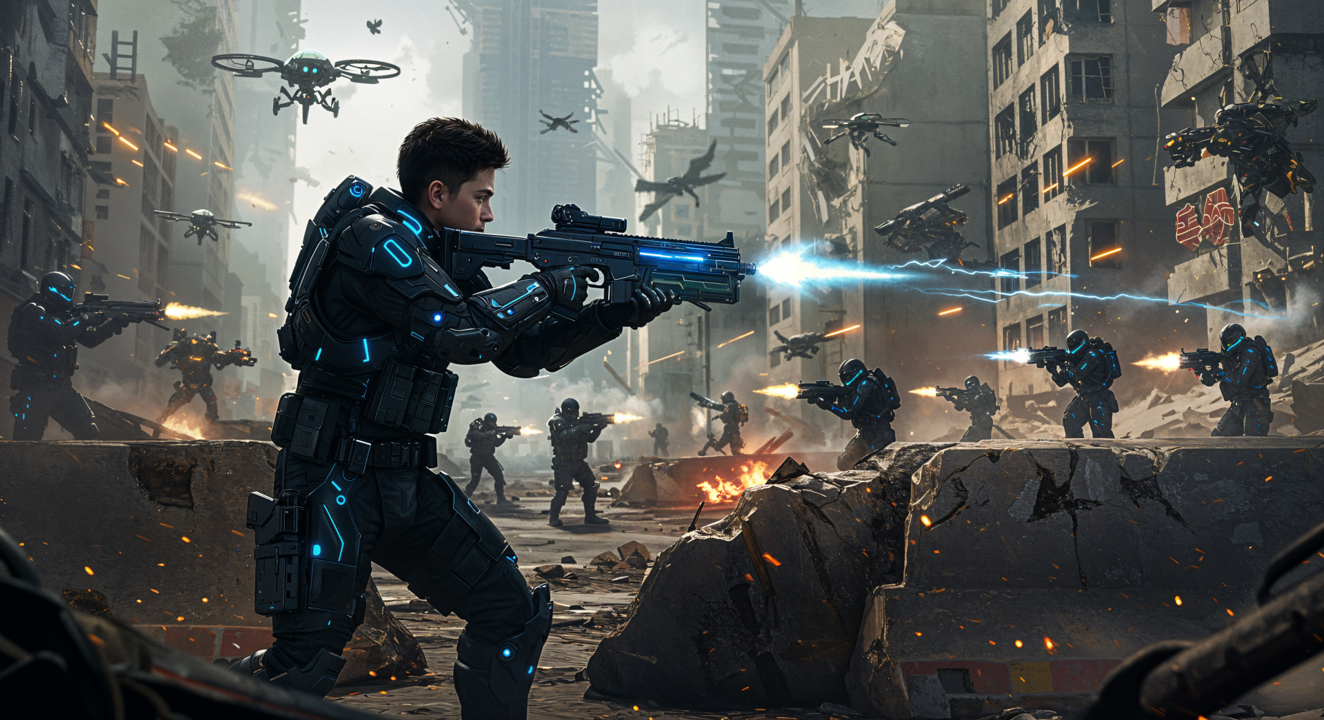 A 4K Ultra HD wallpaper depicting a futuristic battle scene with a soldier in armor firing a weapon amidst a war-torn city, surrounded by drones and comrades in action.