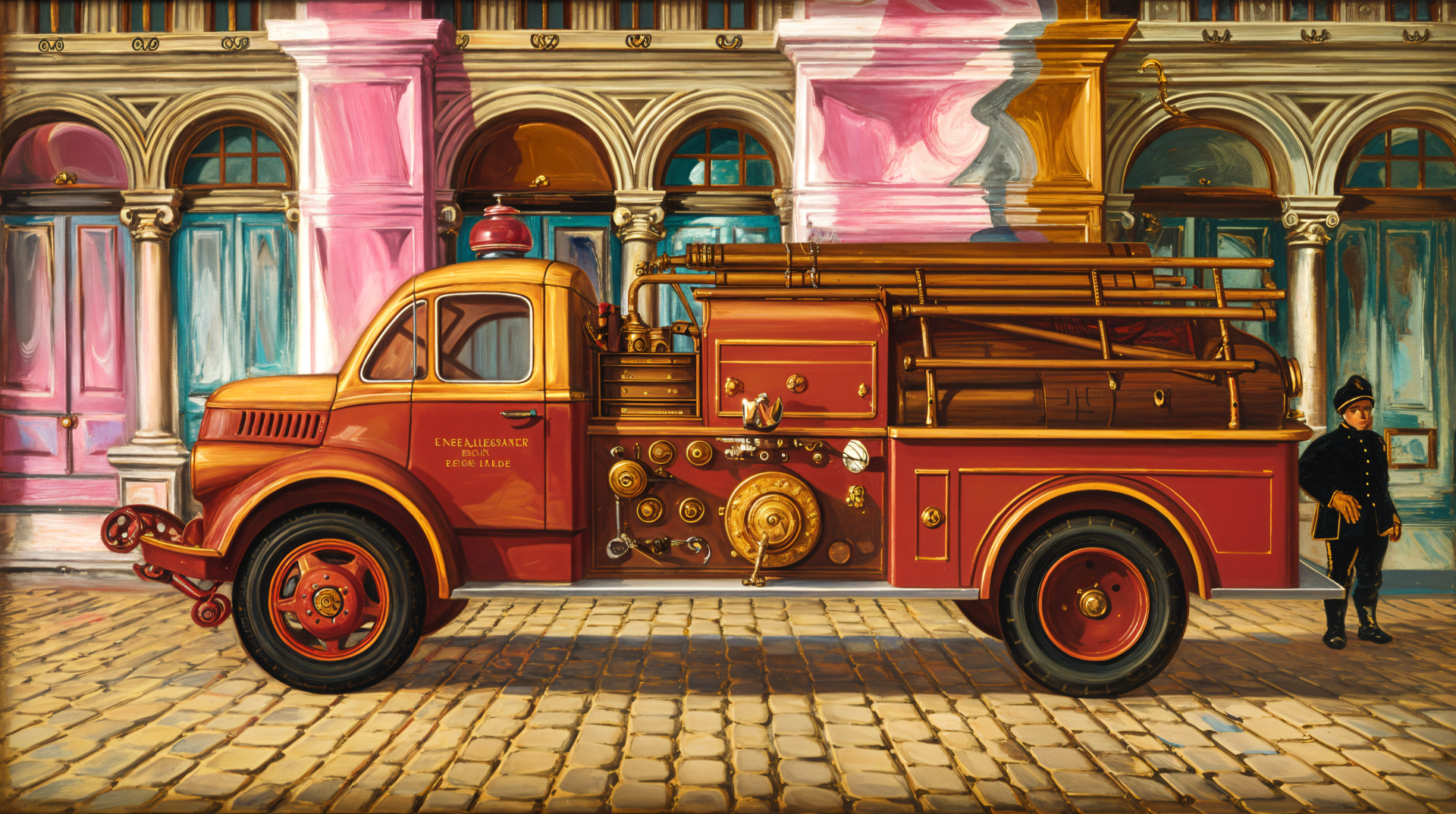 Vintage fire truck parked in front of historic cityscape architecture, captured in vibrant detail as a 4K Ultra HD PC desktop wallpaper.