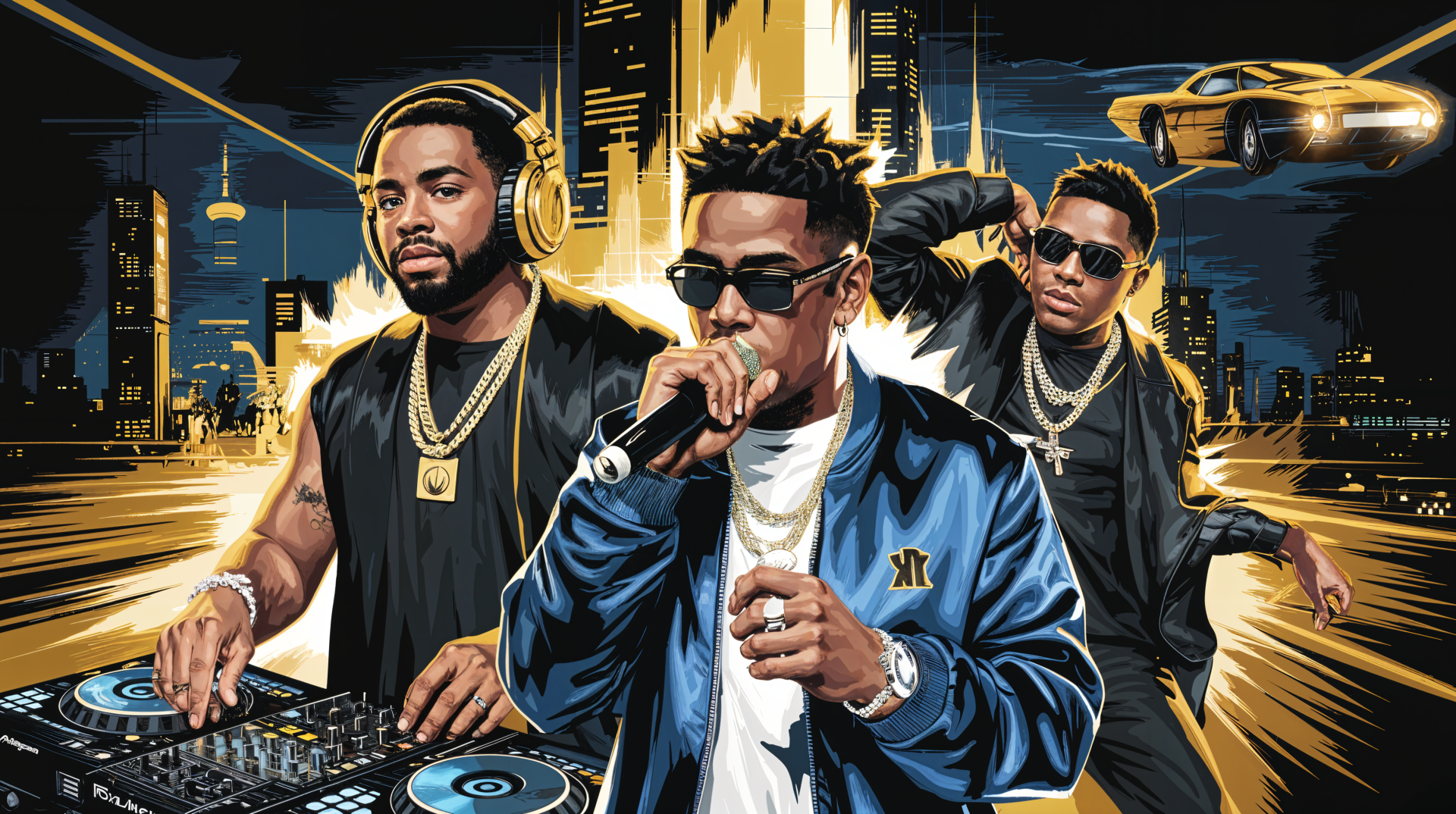 A vibrant 4K Ultra HD wallpaper featuring three hip-hop artists in an urban setting, showcasing a DJ at turntables and a performer with a microphone against a dynamic city backdrop.