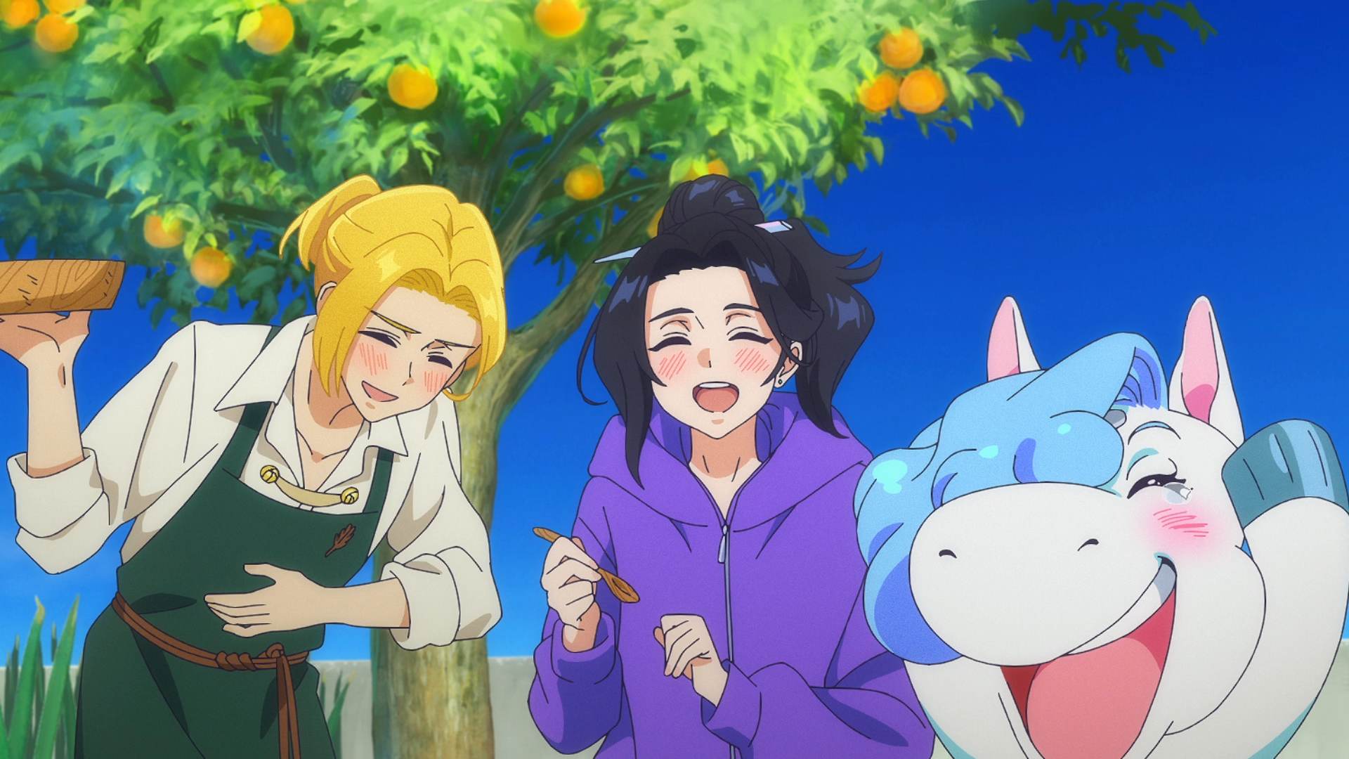 Anime-style HD PC desktop wallpaper featuring Luke Braveheart, Natsuko Hirose, and Unio from Zenshu, smiling joyfully under an orange tree.