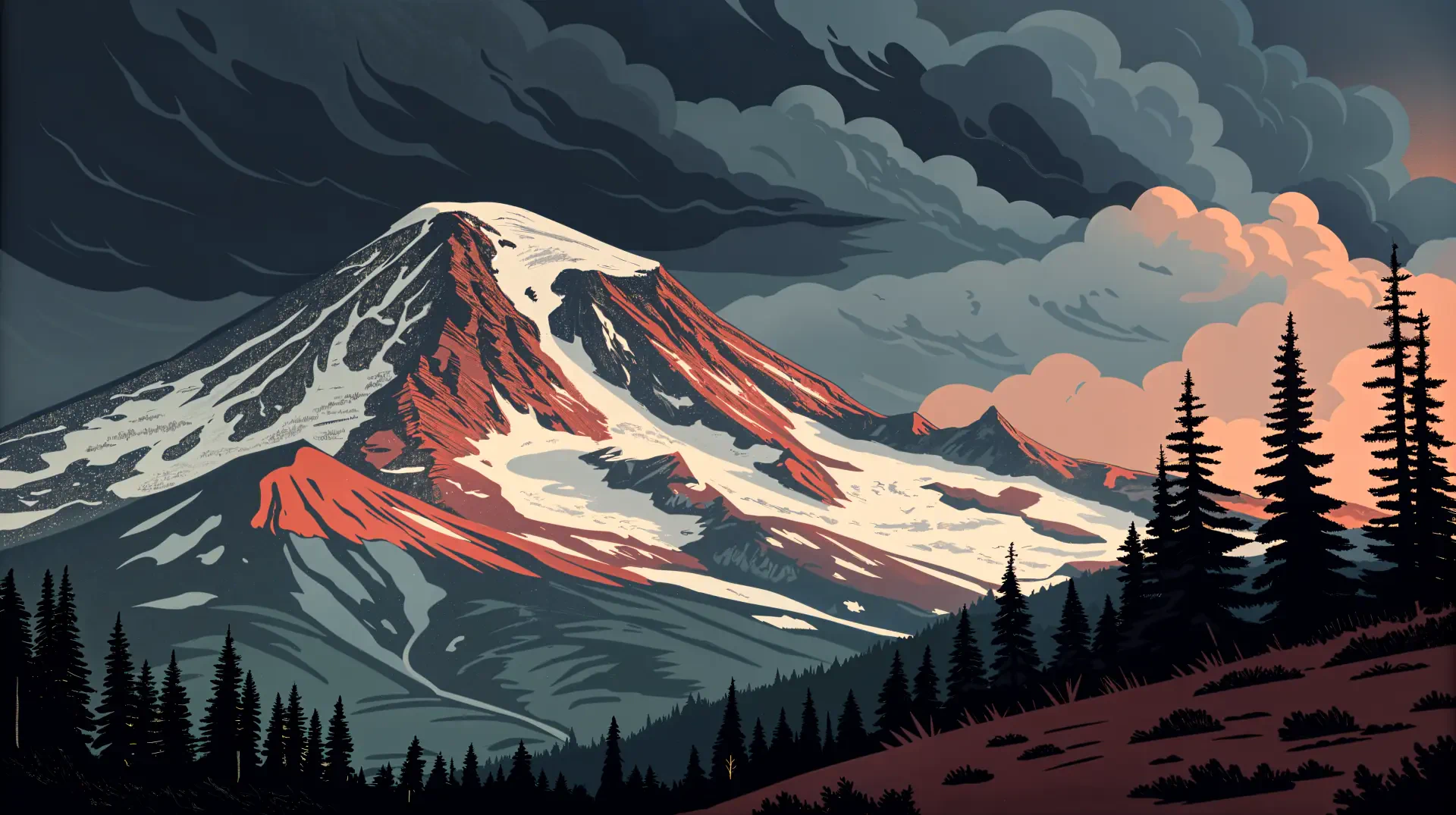 A stunning 4K Ultra HD image of Mount Rainier, showcasing its majestic snow-capped peak against a dramatic sky and silhouetted trees in the foreground.