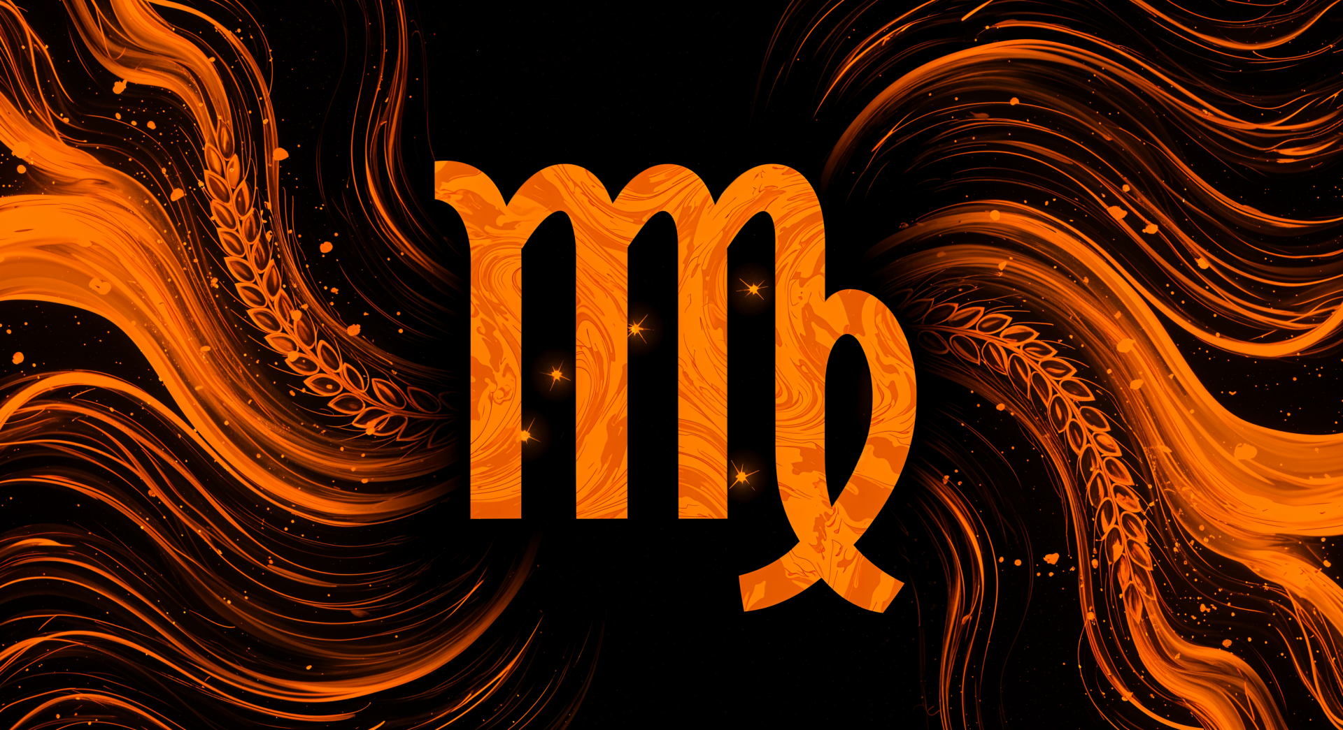 A vibrant 4K Ultra HD wallpaper featuring the Virgo astrological symbol in bold orange against a swirling black background, accented with intricate patterns and textures.