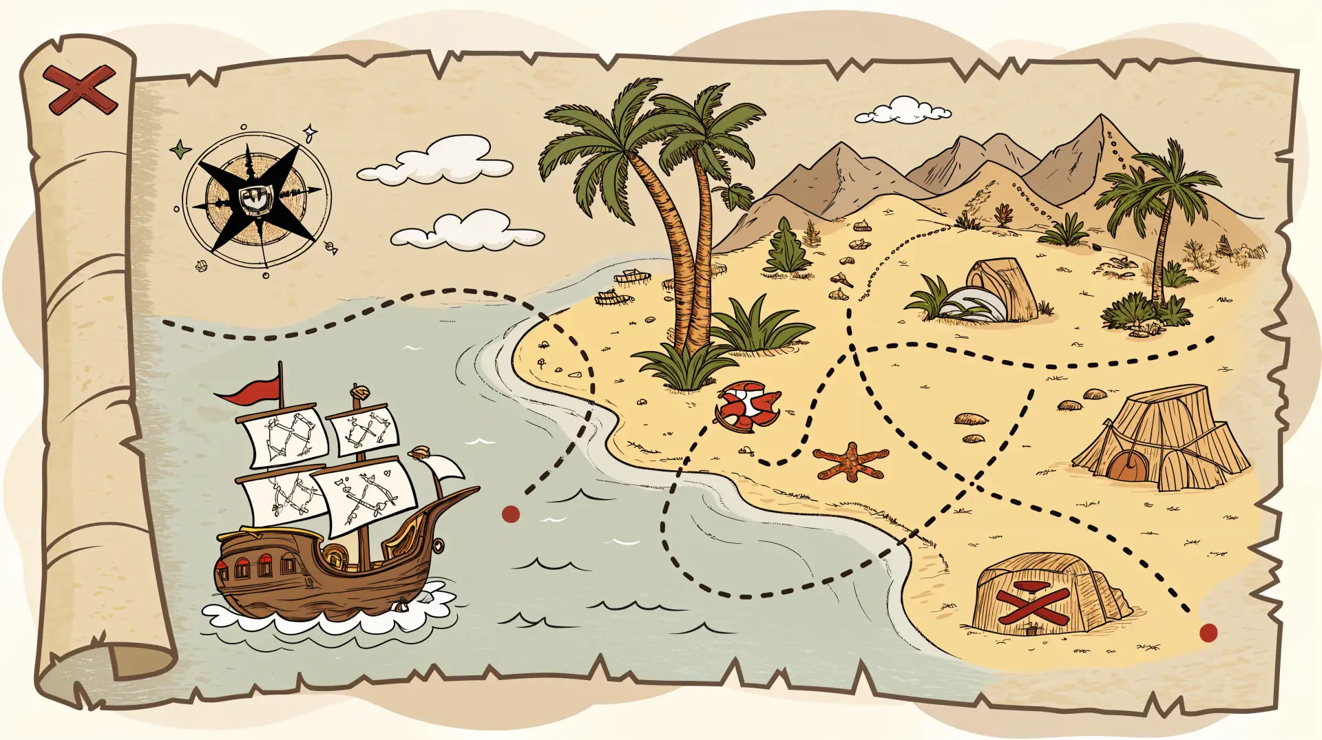 A whimsical treasure map featuring a ship, palm trees, mountains, and marked locations. This vibrant design serves as a 4K Ultra HD PC desktop wallpaper and background.