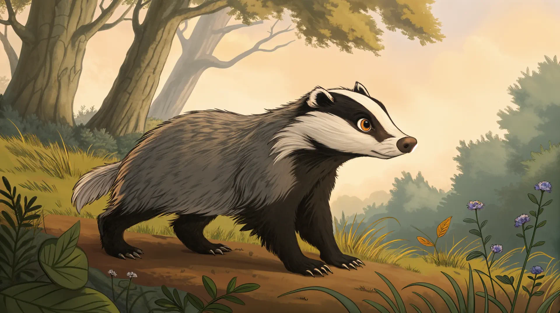 Illustration of a badger walking through a forest, showcasing wildlife and nature in vibrant 4K Ultra HD detail for a PC desktop wallpaper and background.