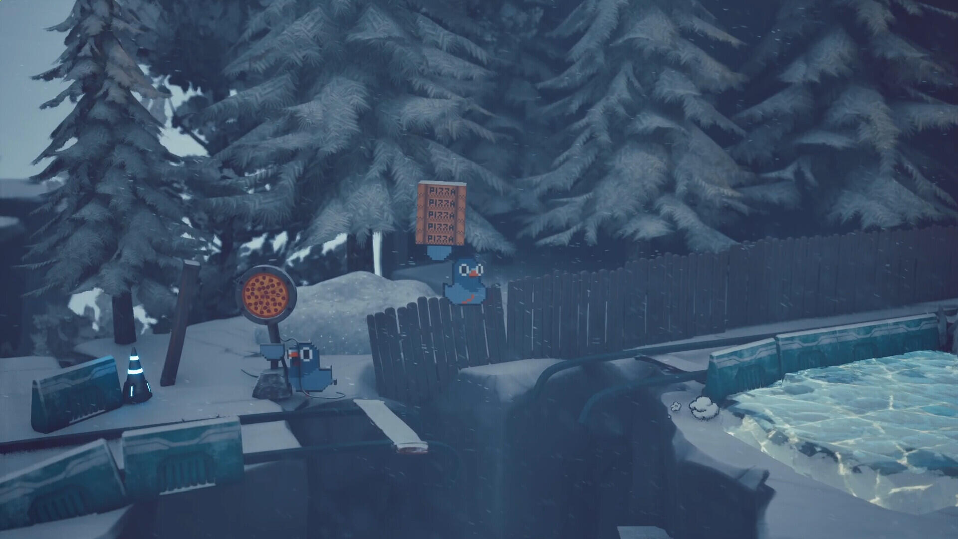 A whimsical HD wallpaper featuring elements from GuGu Pizza: Delivering Pizza to the Space Station? with characters navigating a snowy landscape and quirky signposts.