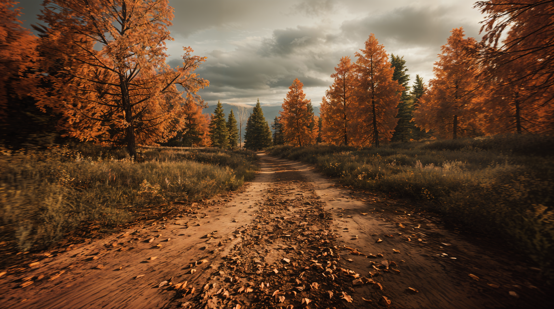 A 4K Ultra HD PC desktop wallpaper of a wilderness path through an autumn forest, lined with trees covered in vibrant orange and red leaves under a cloudy sky.