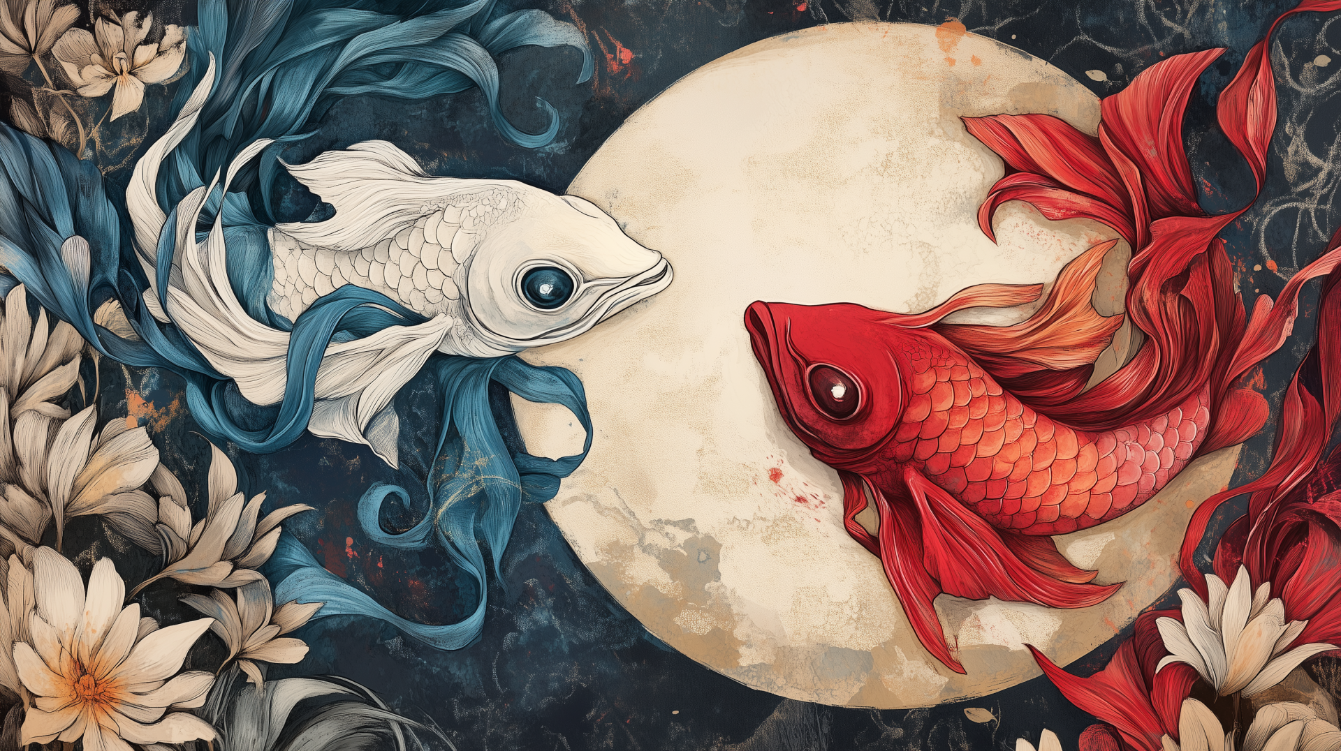 Artistic depiction of the Pisces zodiac sign featuring a white and red fish against a full moon background, surrounded by flowers, capturing the essence of astrology and the horoscope theme.