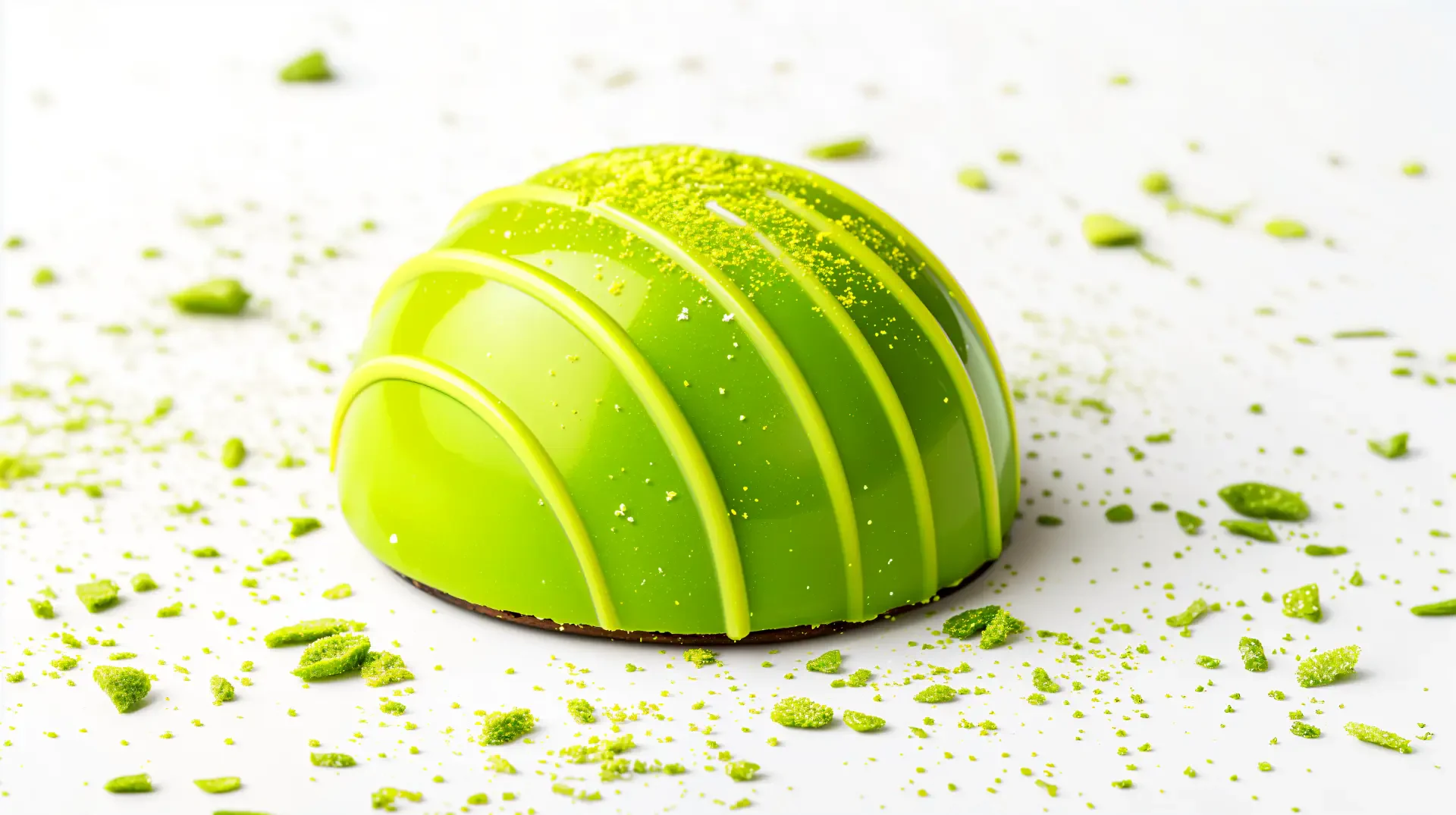 A vibrant green truffle with a glossy finish sits atop a light surface, surrounded by scattered green powder. This 4K Ultra HD image serves as an enticing desktop wallpaper.