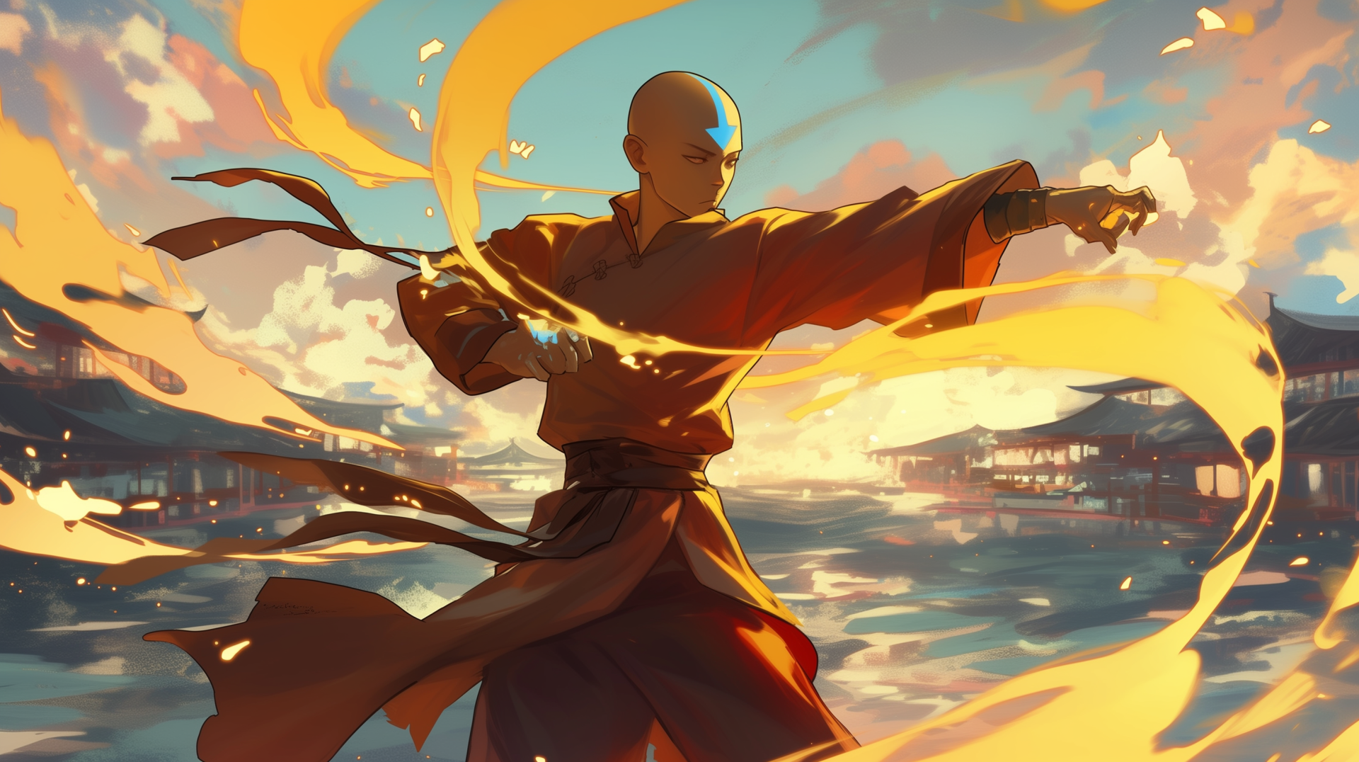 Aang from Avatar: The Last Airbender wields fire with dynamic movement against a vibrant backdrop of water and sky, featured in this HD Anime wallpaper.