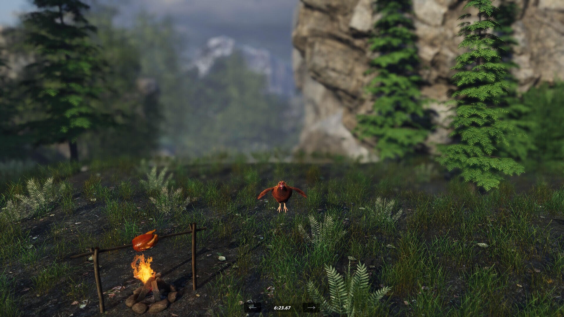 A vibrant HD desktop wallpaper featuring a whimsical chicken in a lush, green environment with a campfire, inspired by the video game Unlucky Chicken.