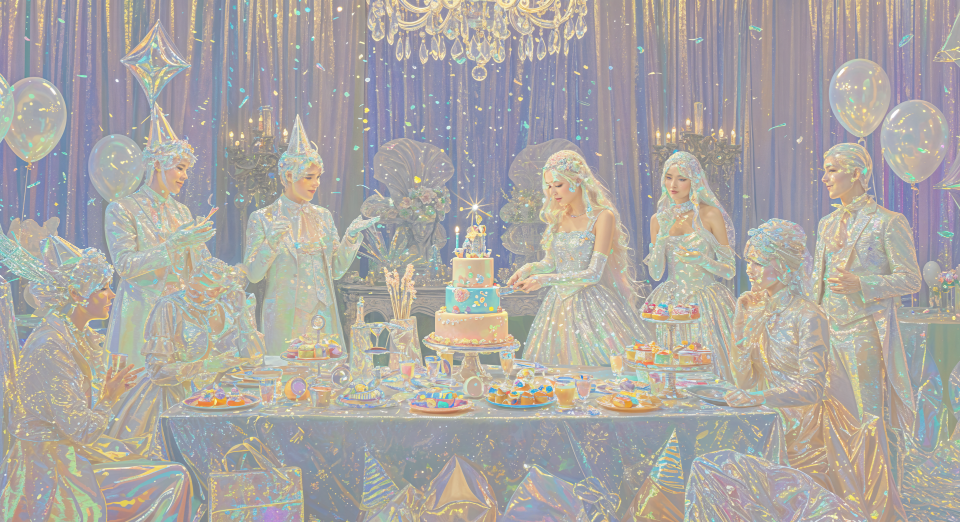 A vibrant birthday party scene featuring elegantly dressed guests, a beautifully decorated cake, and a festive table, captured in stunning 4K Ultra HD for a captivating desktop wallpaper.