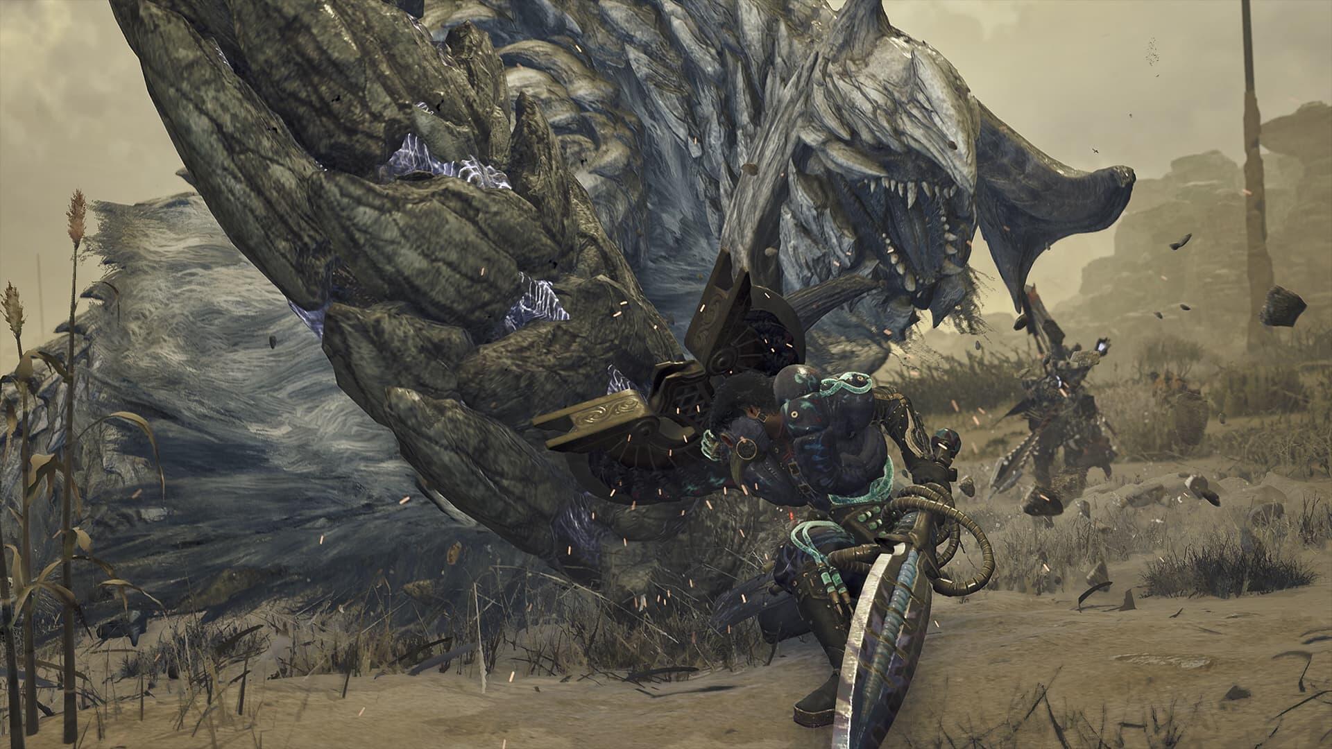 HD PC desktop wallpaper featuring an intense battle scene from the video game Monster Hunter Wilds with a hunter facing a massive monster.